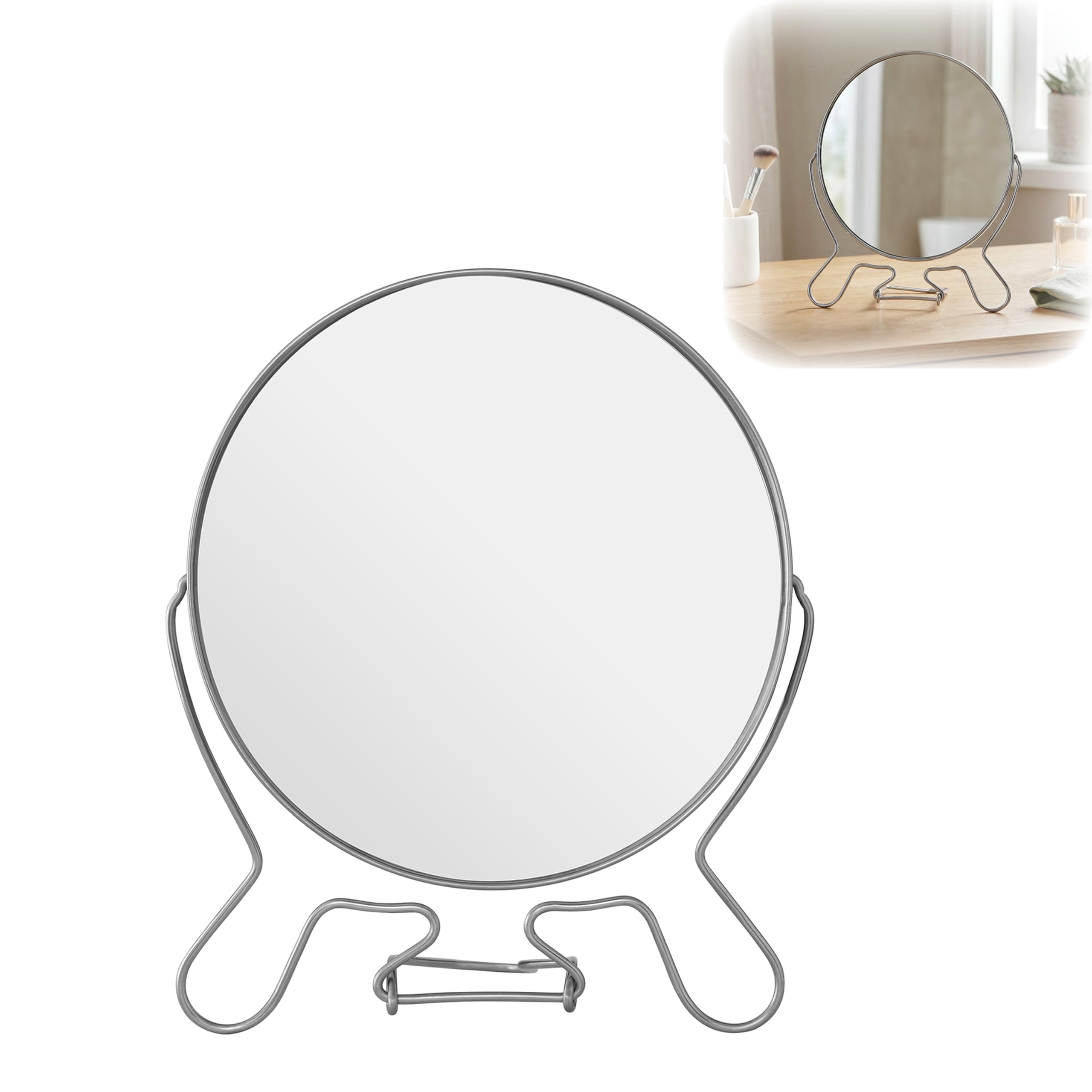 Premier By Prime Furnishing Silver Premier Housewares Effect 2-Sided Shaving Mirror | Large Round Table Mirror With 2X Magnification | Swivel Dressing Mirror With Metal Stand | Finish Makeup Mirror