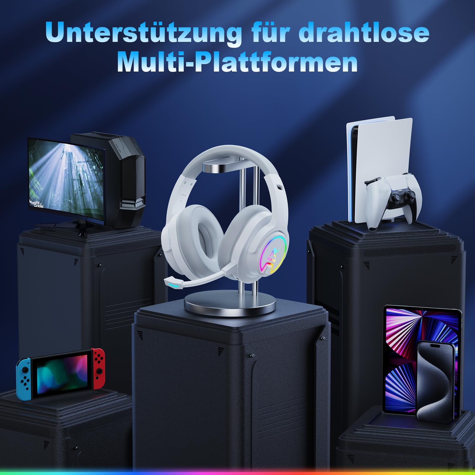 Krysenix PG3 Wired Gaming Headset für PS4, PS5, PC, Xbox, Switch, Gaming Kopfhörer mit Noise Cancelling Mikrofon, 3.5mm Klinke, Surround Sound, Headset mit LED Licht, Tintenschwarz