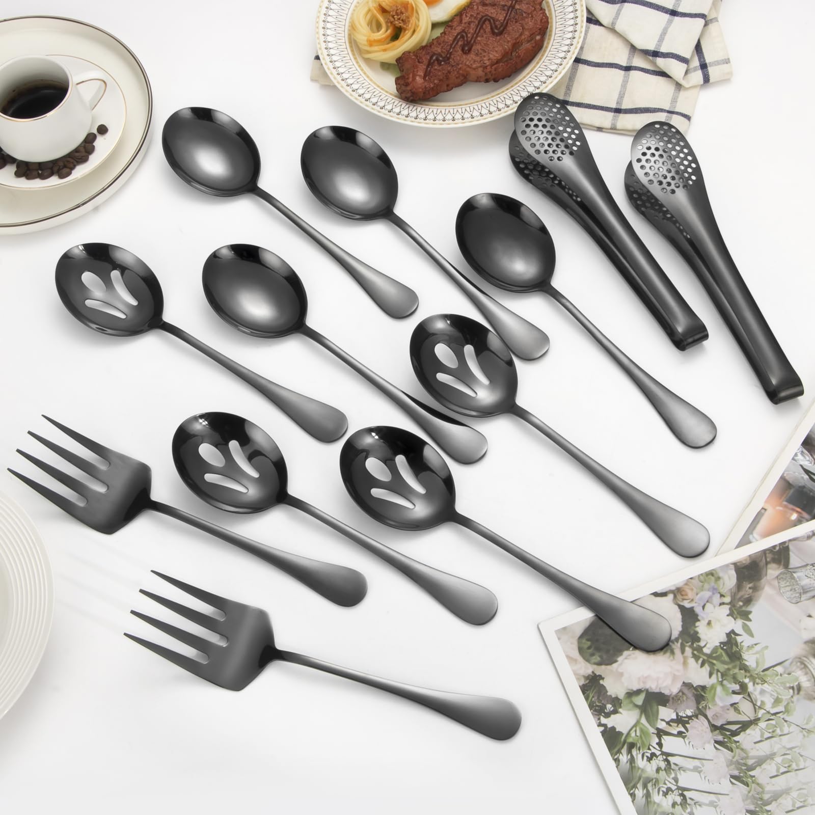 Utensilios grandes para servir, juego de 12 piezas de acero inoxidable con cucharas de servir, tenedor, pinzas para servir, juego de utensilios de servir pulidos para fiestas de bufé en casa, apto