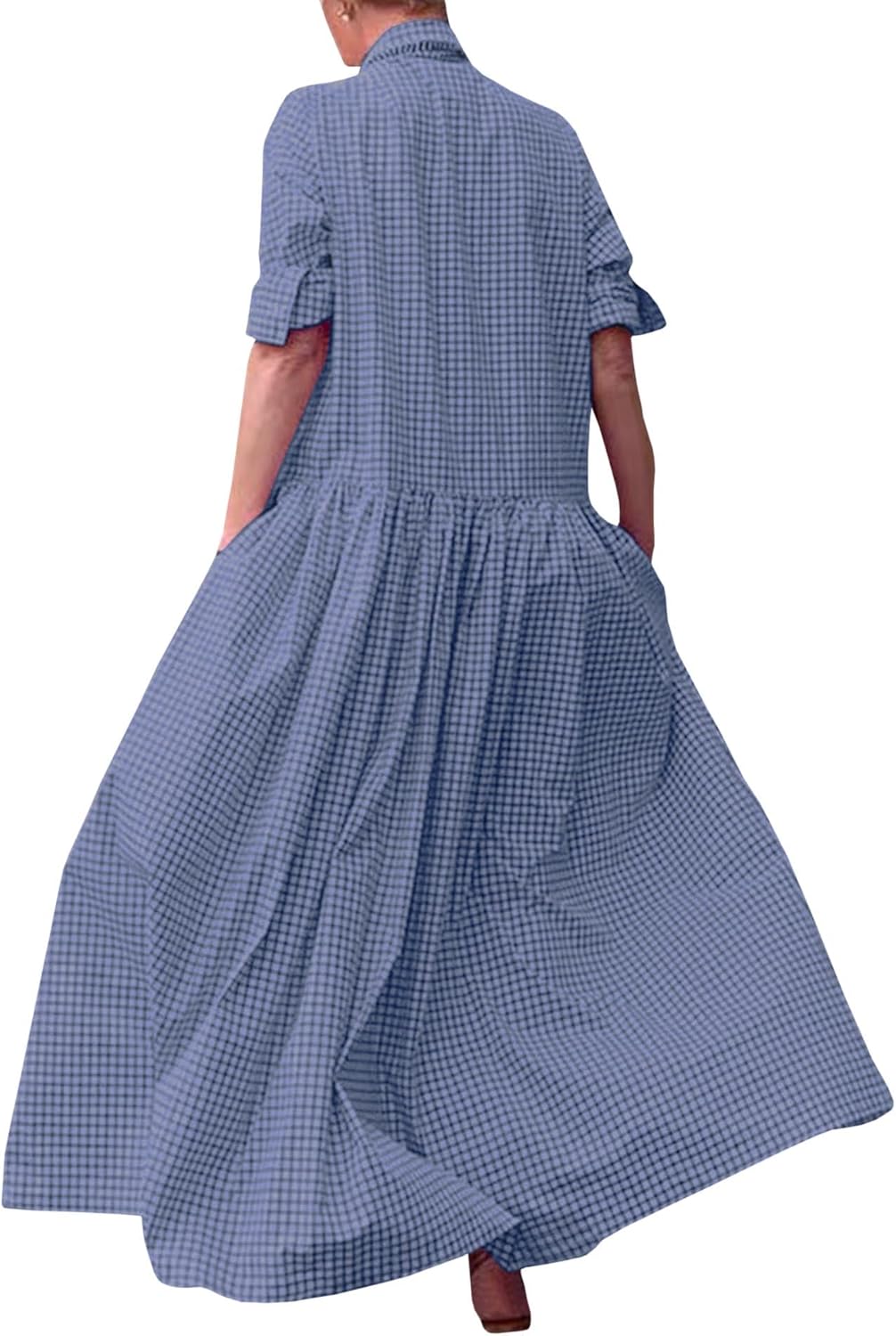 SOMTHRON Women's Retro Plaid Button Down Maxi Shirt Dress Roll Up Long Sleeve Gingham Pleated Swing Long Dress - Image 3