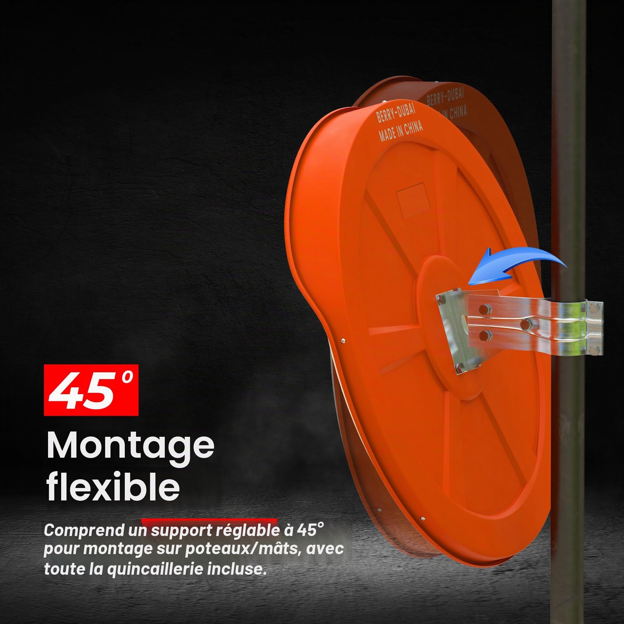 Miroir de sécurité convexe de 80 cm de forme circulaire | Miroir de sécurité convexe rond | Grand angle visible haute définition avec corps en plastique orange
