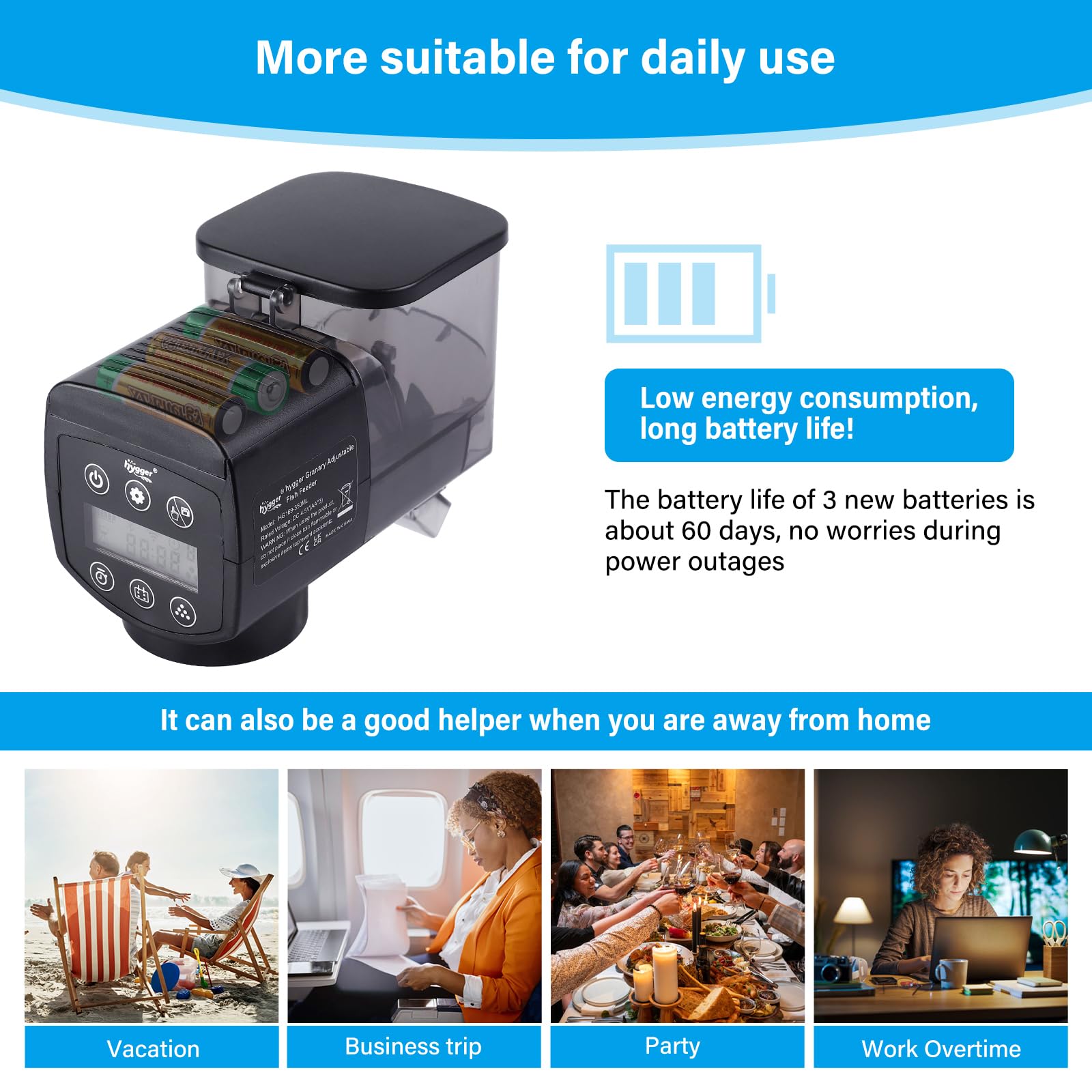 hygger Mangeoire automatique pour poissons pour aquarium, distributeur automatique avec écran LCD et anneau d'alimentation, mangeoire automatique anti-humidité avec minuterie, alimentation de vacances