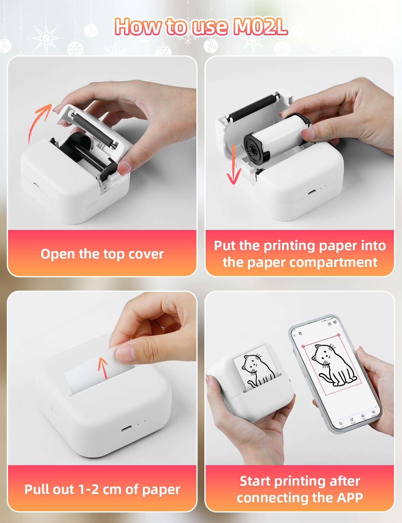 Memoking Mini Imprimante Thermique - M02L Petite Bluetooth Mini Imprimante Portable Stickers Autocollant avec 1 Rouleau de Papier, pour Les Photos, Apprentissage, Plaisir, DIY, Cadeaux