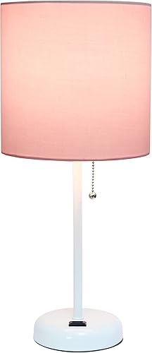 Miniatura 4 de Simple Designs LT2024-POW - Lámpara de escritorio de barra blanca con salida de carga y pantalla de tela de tambor, pantalla rosa claro (paquete de
