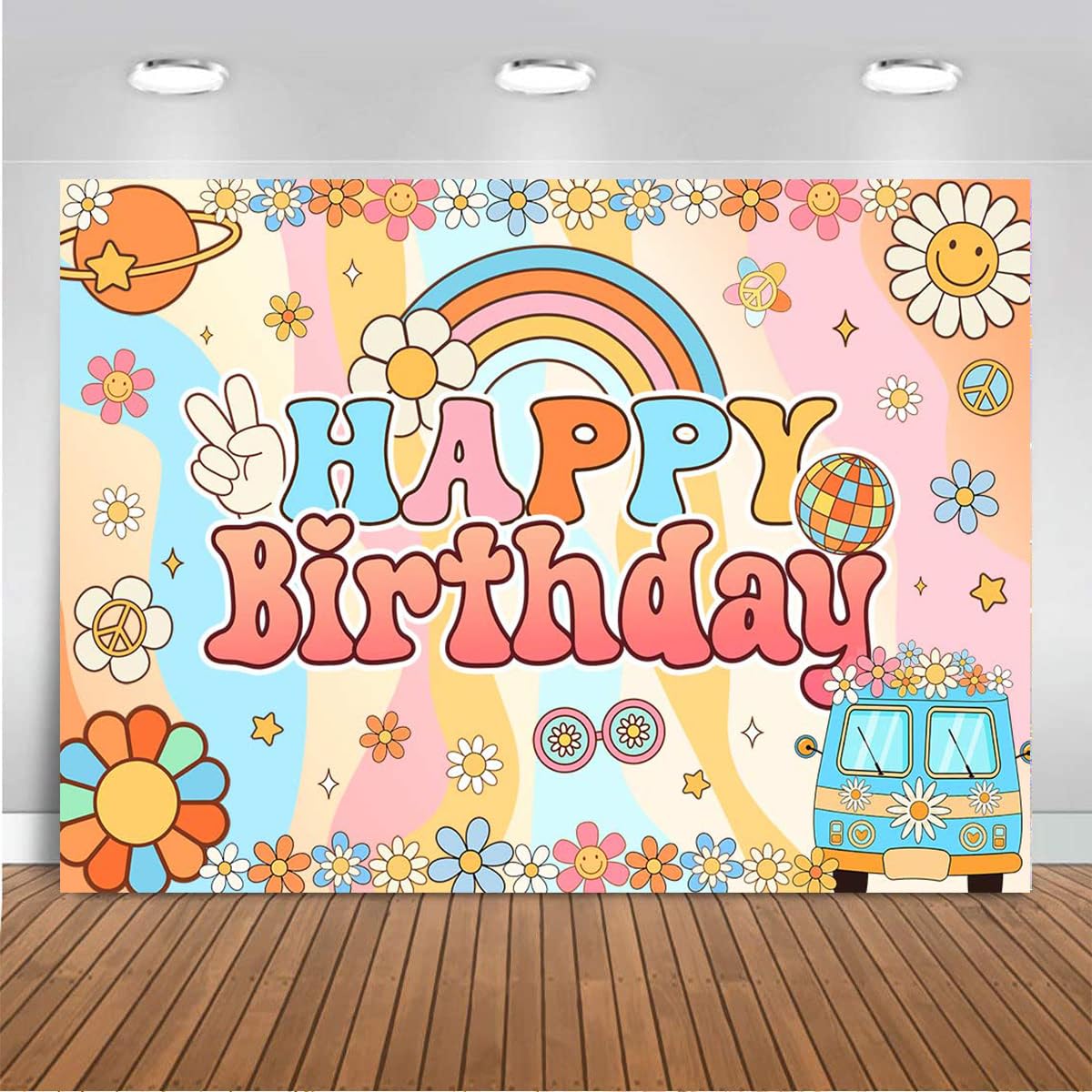 Mocsicka Groovy Birthday Backdrop Retro Hippie Girls Birthday Party Decorations Boho Rainbow Daisy Flower Background for Birthday Party Cake Table