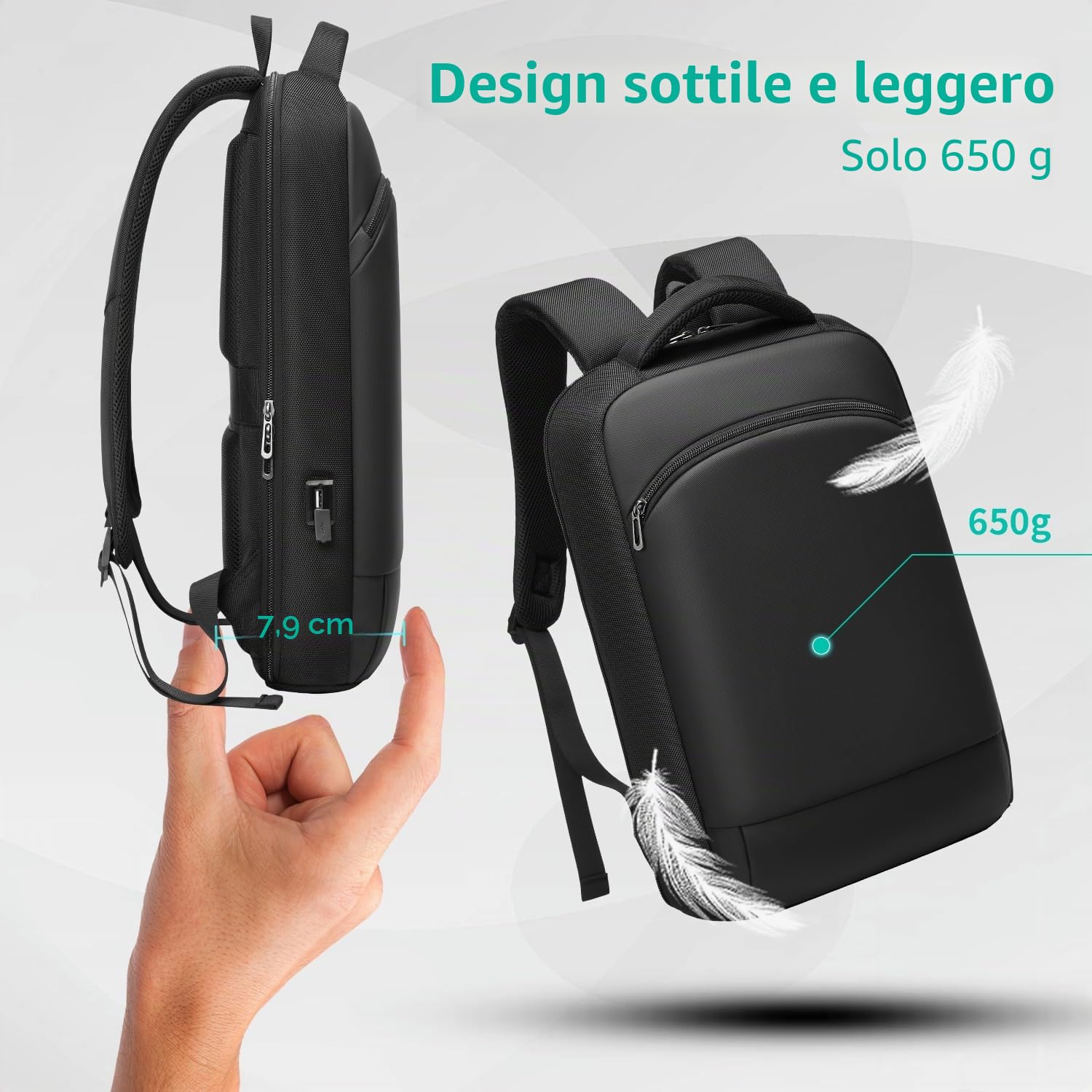 Zaino Porta PC 15.6 Pollici Uomo Donna Lavoro Impermeabile Antifurto con Porta USB per Uffico Università Scuola Viaggio Business-Nero