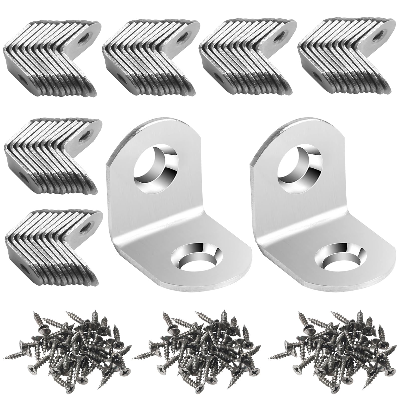 60 Pezzi Staffe Angolari 20x20x16 mm con 120 Viti, Staffe Angolari Metallo per Legno, 90 Gradi Supporti Angolo in Acciaio Inossidabile, Staffe a L per Tavolo, Armadietto, Sedia, Argento