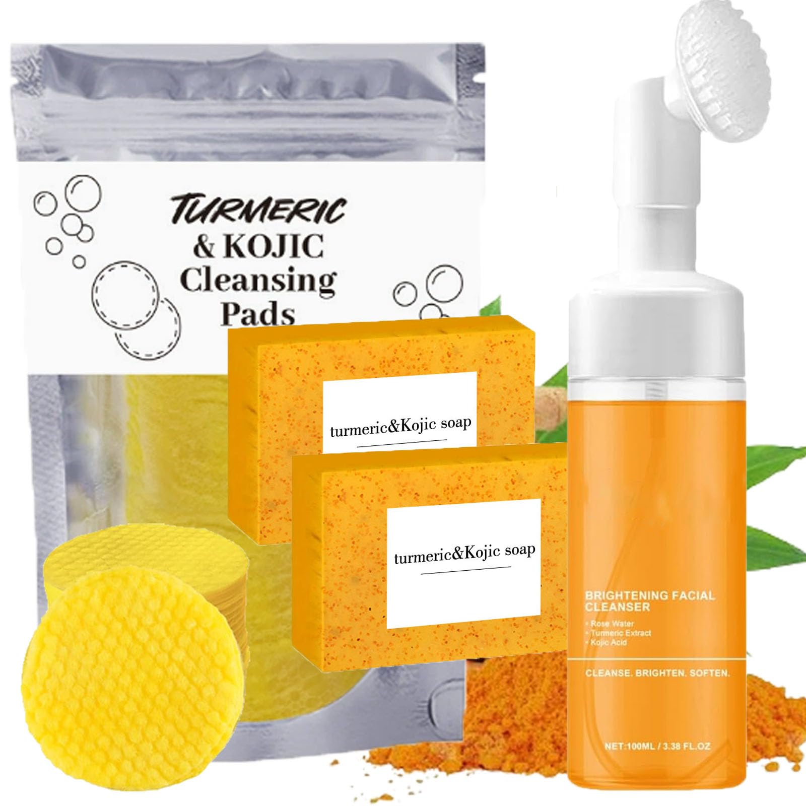 Turmeric Wash and Care 3 Piece Set, Turmeric Trio: Kojic Soap Bar/Facial Pads/Face Cleansing Wash with Brush, Jabon de Curcuma, Tumeric Soap Facial Cleaner Skincare Three Set for Face & Body (A)