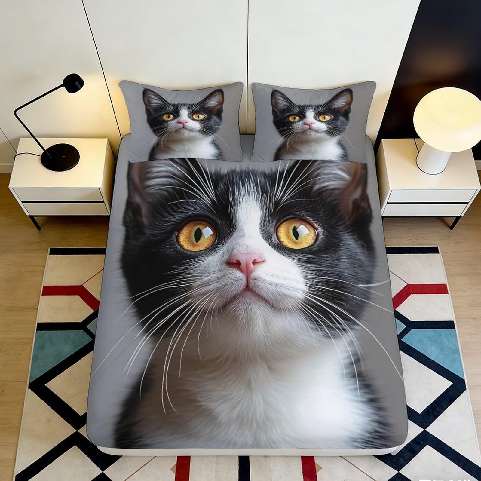 3D Printed Black White Cat Fitted Sheet Microfiber Anti-Slip Realistic Cat Face Mattress Cover Bedroom Decor 200x200x25cm
