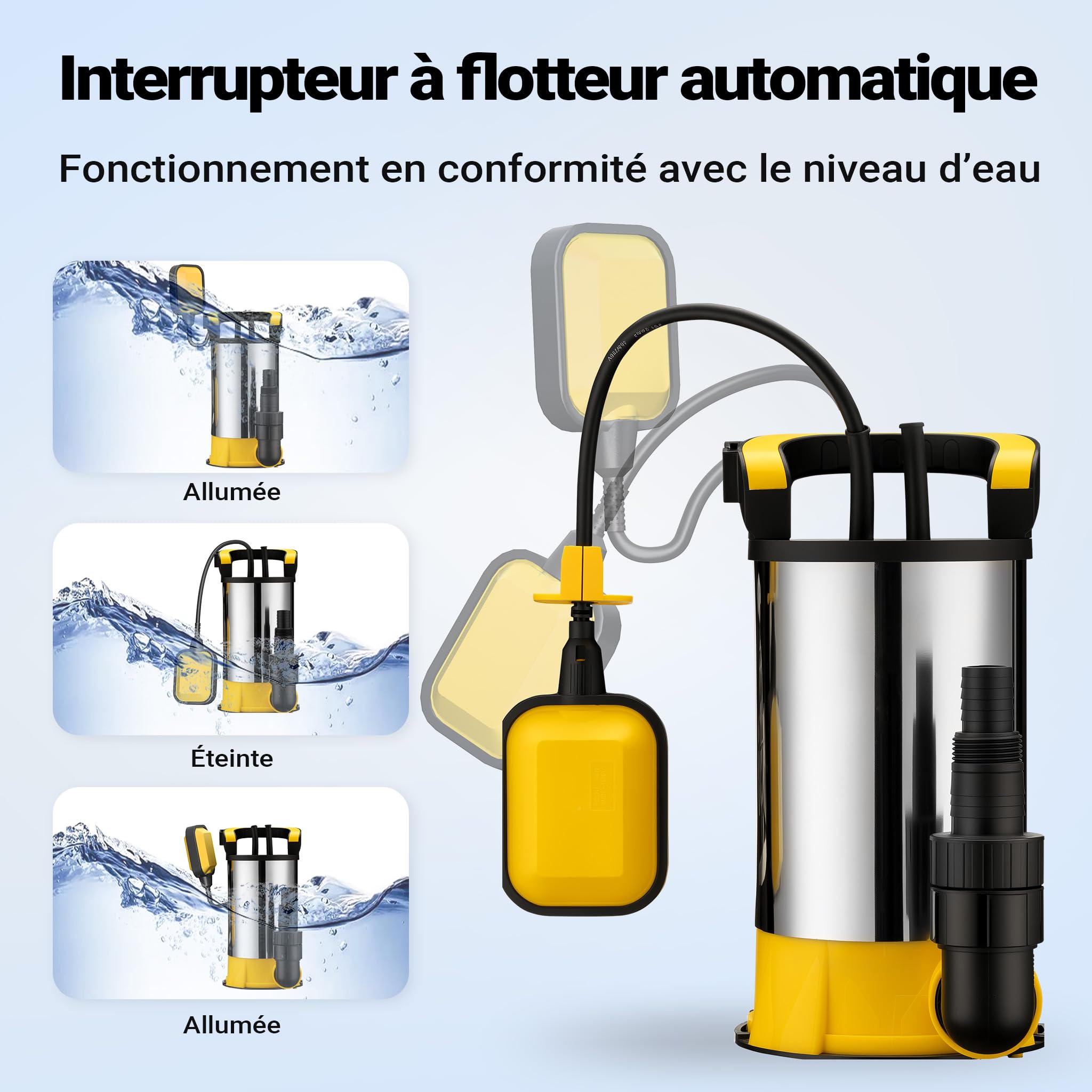 Wiltec Pompe à eau immergée à aspiration plate 400 W – Jusqu’à 1 mm – 8000 l/h – Acier inox – Refoulement max. 5 m, profondeur max. 7 m – Interrupteur à flotteur – Pompe submersible Eau propre
