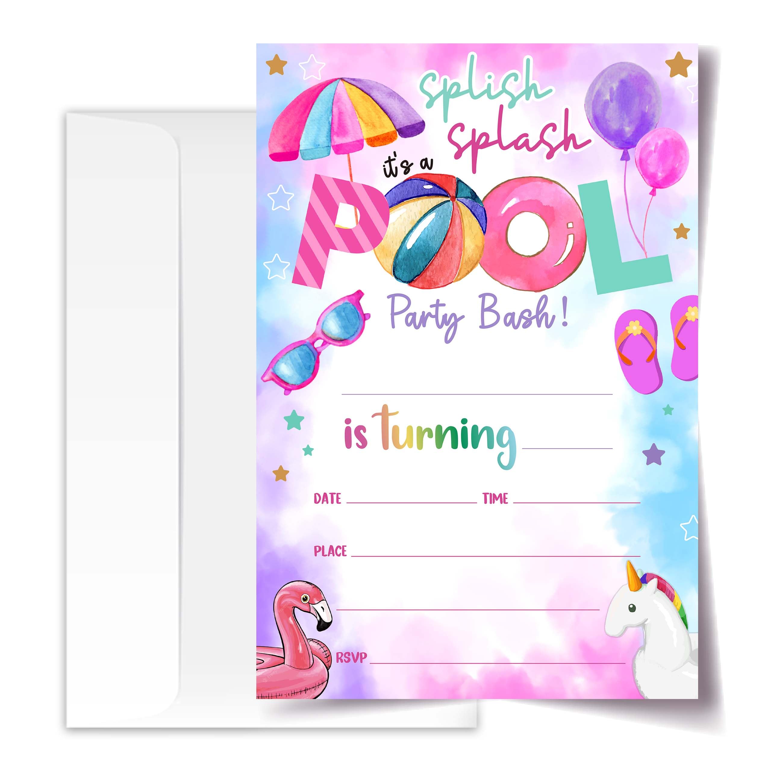 Tarjetas de invitación de cumpleaños de piscina 4x6 con sobres e impresión splish splash 5