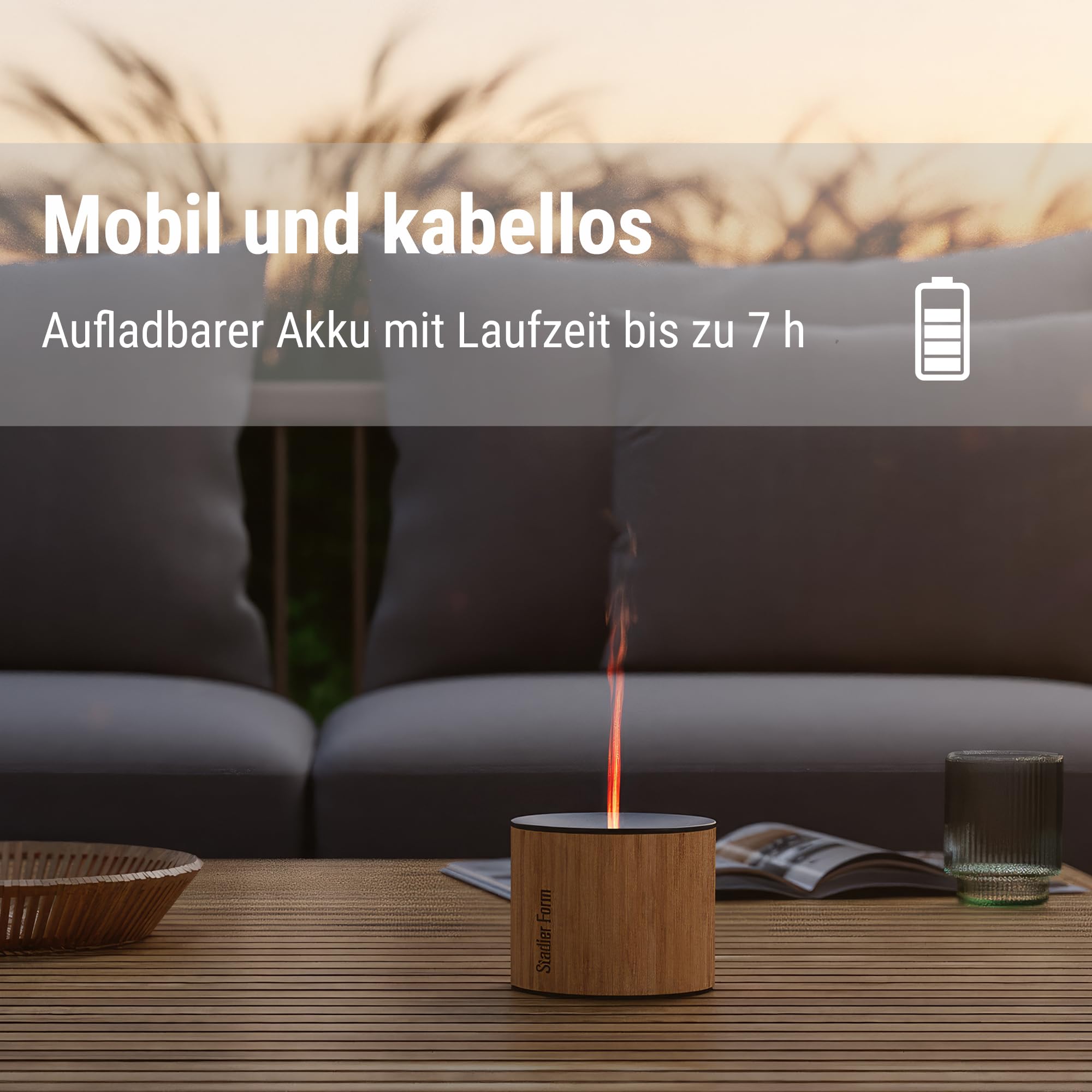 Stadler Form Aroma Diffuser und Laterne Sophie, kabellos | Für ätherische Öle, Ultraschall, für drinnen und draußen, Flammen-Effekt, Akkubetrieb bis 11 h, schwarz mit Bambus-Griff