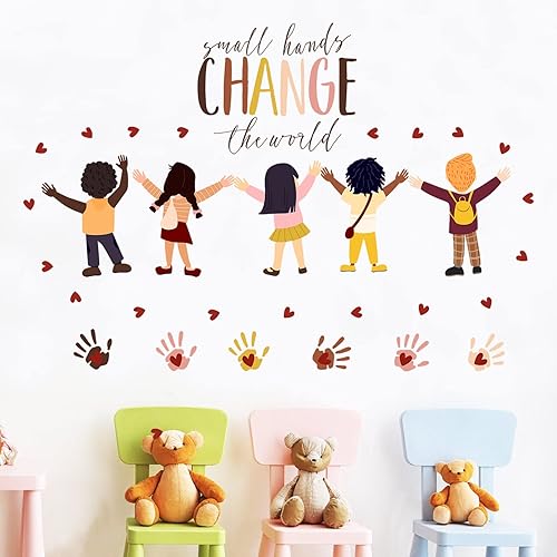 Miniatura 6 de Mfault Calcomanías inspiradoras de pared con huellas de manos pequeñas que cambian el mundo, inclusión de diversidad, decoración de guardería,