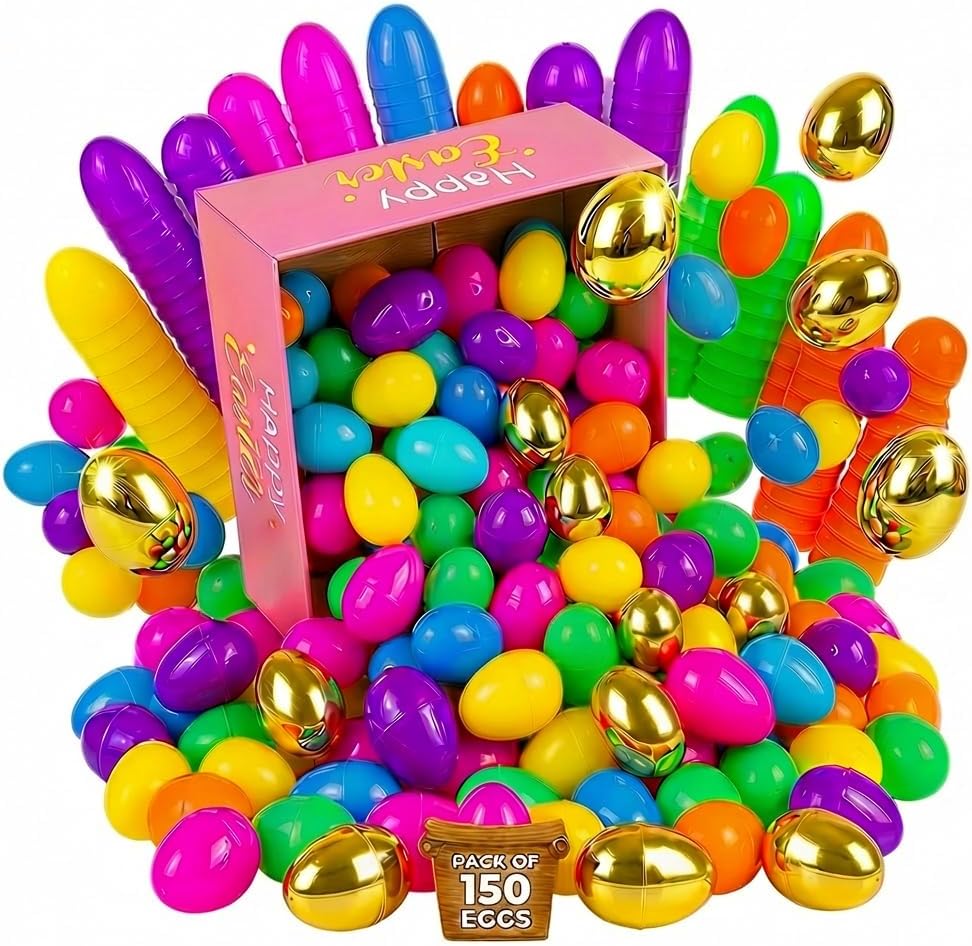 150 Pack 3 Inch Large Fillable Plastic Easter Eggs Bulk Include 6 Surprise Golden Eggs, Bright Color Empty Easter Eggs for Easter Hunts, Basket Stuffers Fillers, Easter Party Favors Classroom Prize