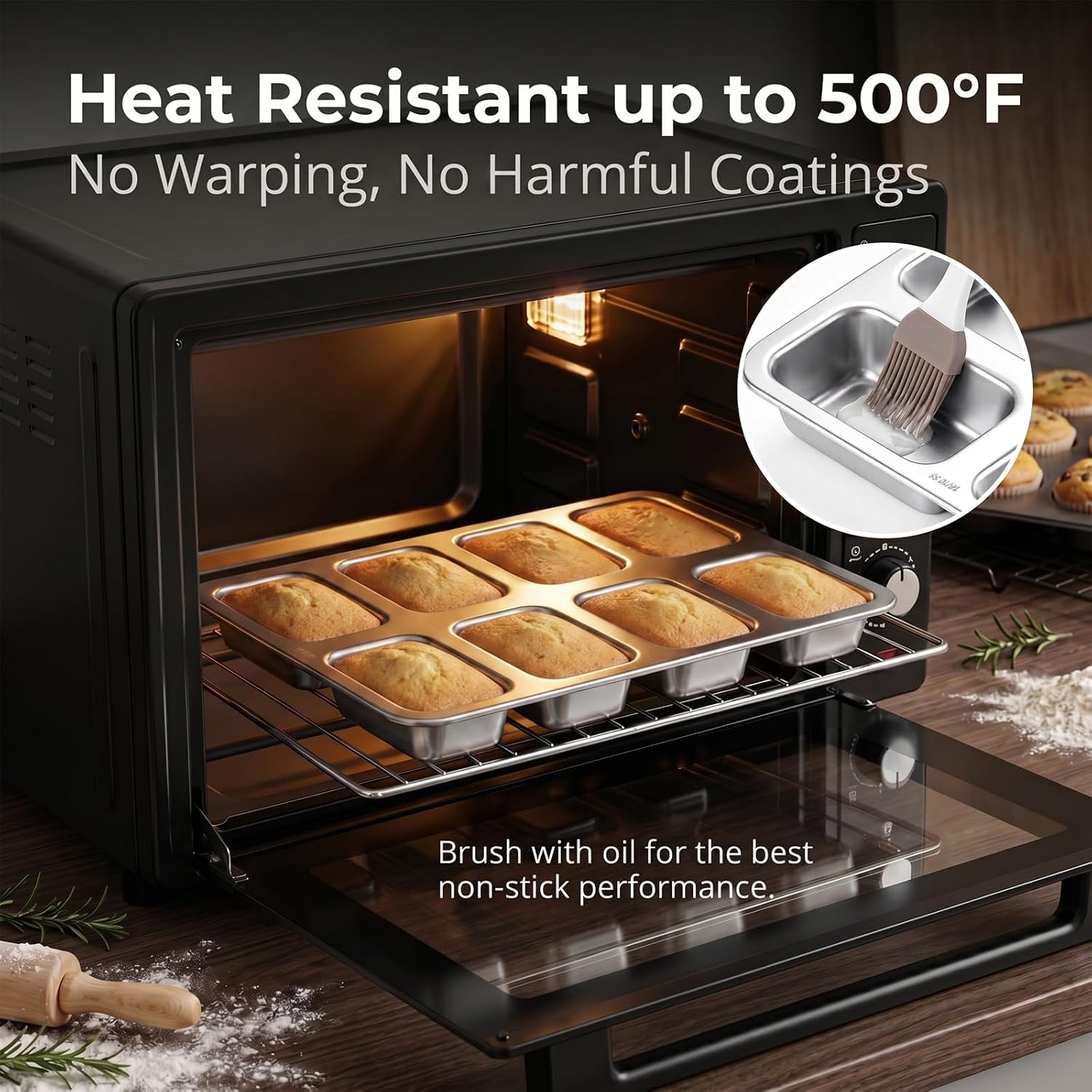 LIANYU Mini Loaf Baking Pans 8-Cavity, Non Toxic & Dishwasher Safe, 3 Pack | Small Cake Pans, Heat Resistant 500℉, Stackable Design, Food Grade Stainless Steel, No Coating, One-Piece Design, No Warping