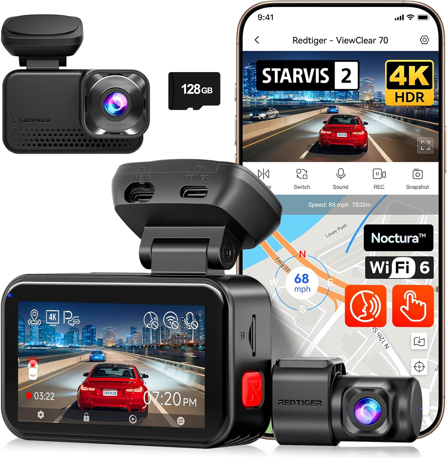 REDTIGER ViewClear 70 4K+2.5K Dash Cam Front and Rear, STARVIS 2 IMX678 x Noctura™ Sensor, Dual HDR Hyper Night Clarity, 5.8GHz WiFi 6, 30MB/S Fast Download, Dash Camera with 24H Parking Monitor