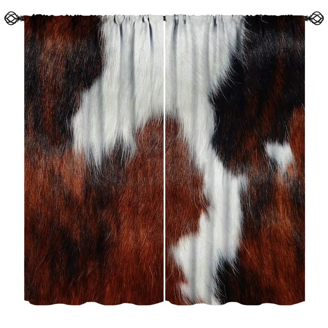 JanJCurt Brown Cowhide Curtains, Black White Brown Cow Fur Print Western Farm Animal Skin Window Treatments Curtains for Kids Teens Girls Boys Room Living Room, 63