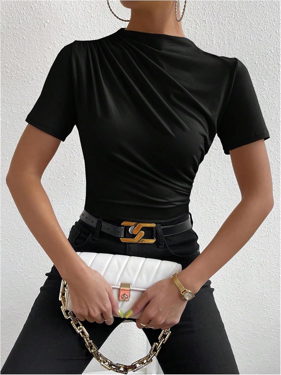 SweatyRocks Women's Ruched Mock Neck T Shirt Short Sleeve Fitted Summer Basic Tops - Image 4