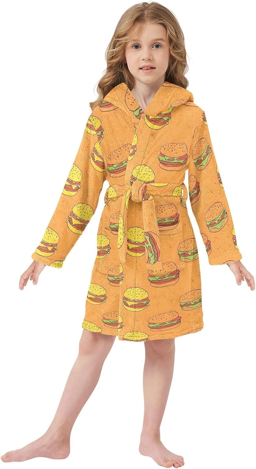 Cartoon Style Cheeseburgers Toddler Hooded Bathrobe for Boys Girls Soft Plush Bath Towel Robe 2-12 Years