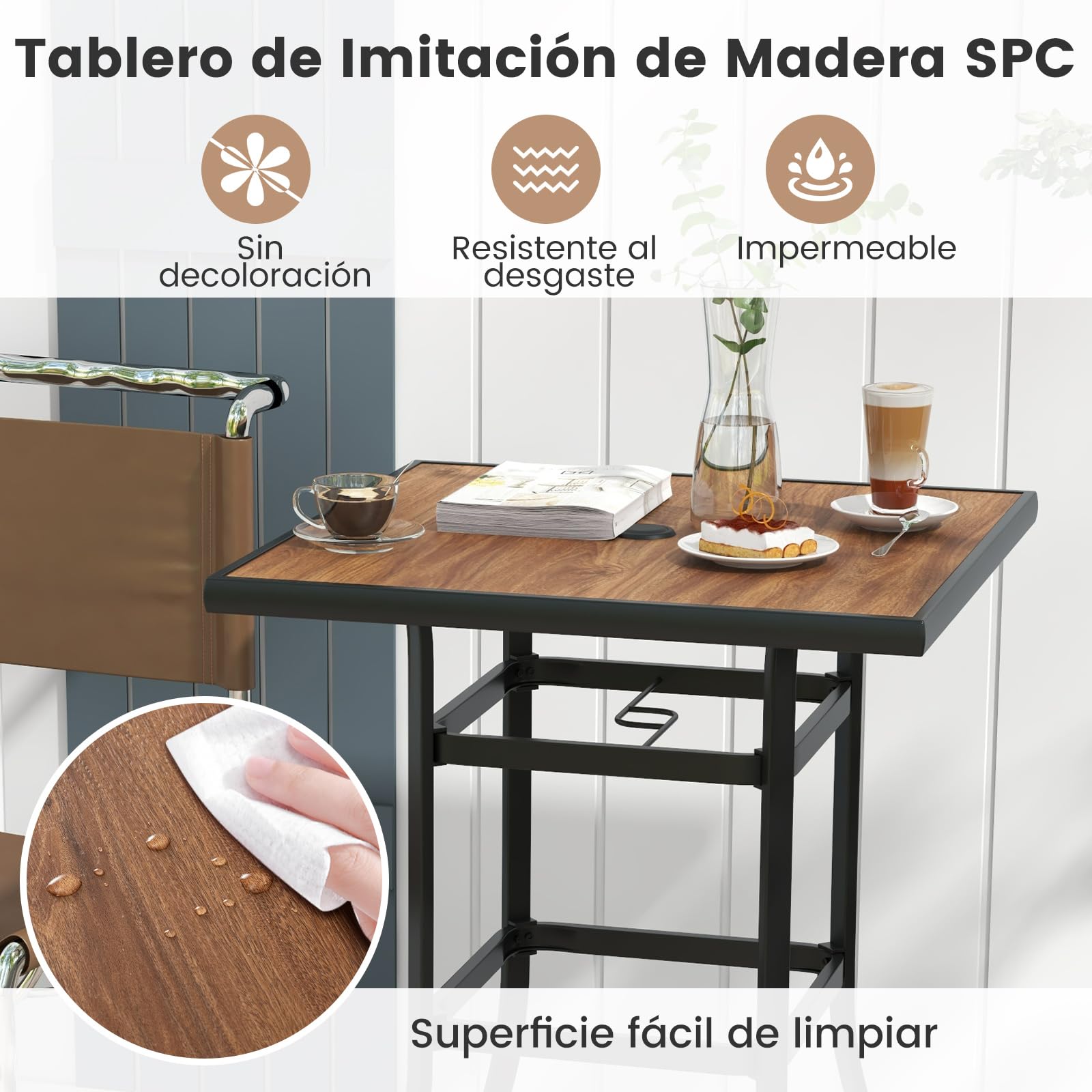 COSTWAY Mesa Alta Cocina, Mesa Alta Cuadrada 70cm, Mesa Bar con Orificio para Sombrilla de 39 mm, Estructura de Metal, Mesa Alta Exterior Jardin Terraza