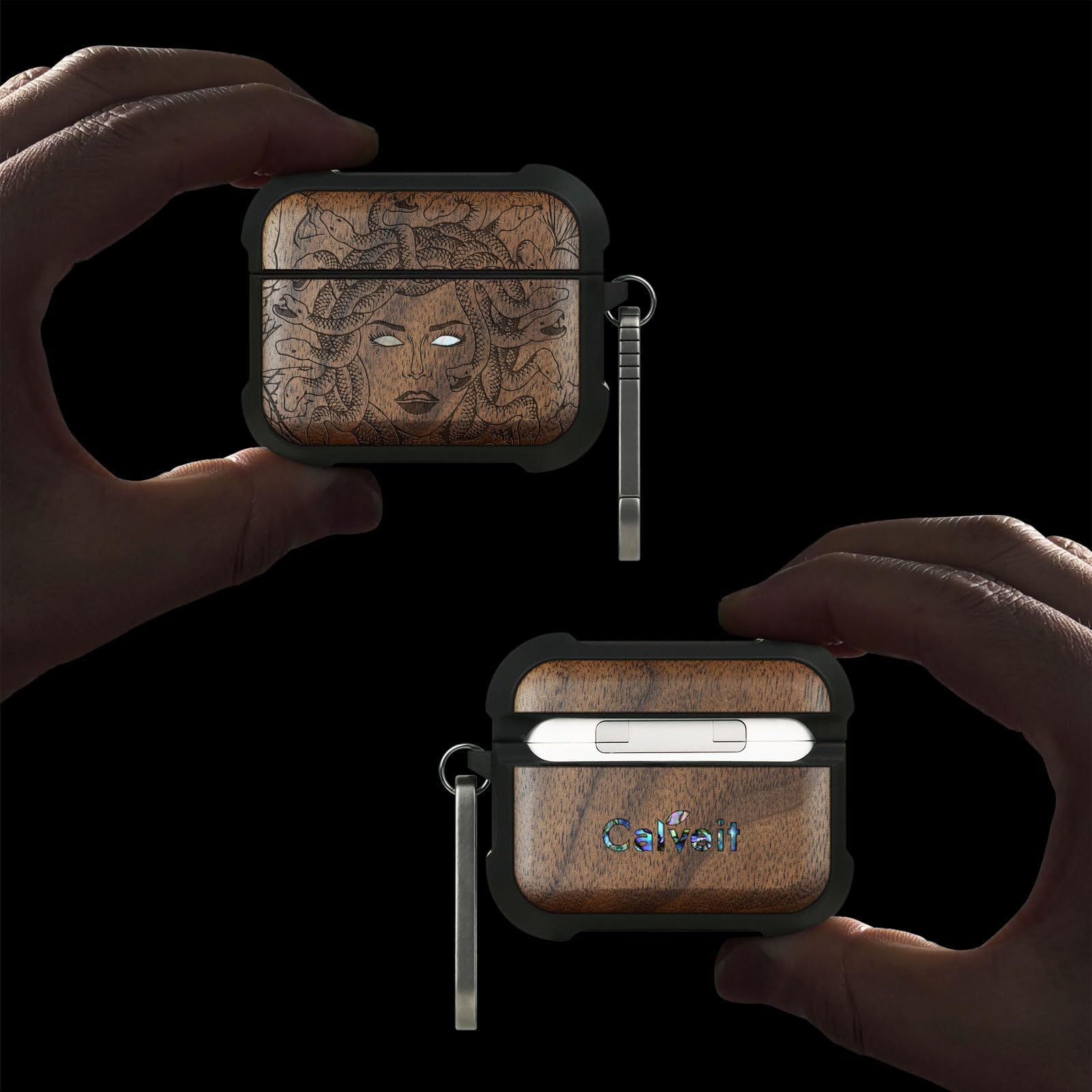 Carveit Etui kompatybilne z AirPods Pro 3 (2025), etui ochronne [grawerunek z drewna i muszla] [tytanowe szybkie zapięcie] do Airpods Pro 3 Skin 2025 etui (zagadka z drewna orzechowego)