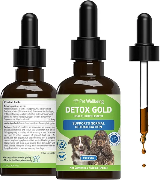 Pet Wellbeing Detox Gold for Dogs - Gentle Detoxification & Elimination Support, Immune System Care, Nettle, Blessed Thistle, Burdock Root - Veterinarian-Formulated Herbal Supplement 2 oz (59 ml)