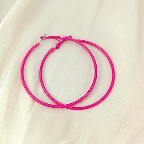 Miniatura 3 de Aretes de aro rosa para mujer, 2.36 pulgadas, grandes aros de acero inoxidable de los años 80 y 90, aretes grandes retro neón para fiesta,