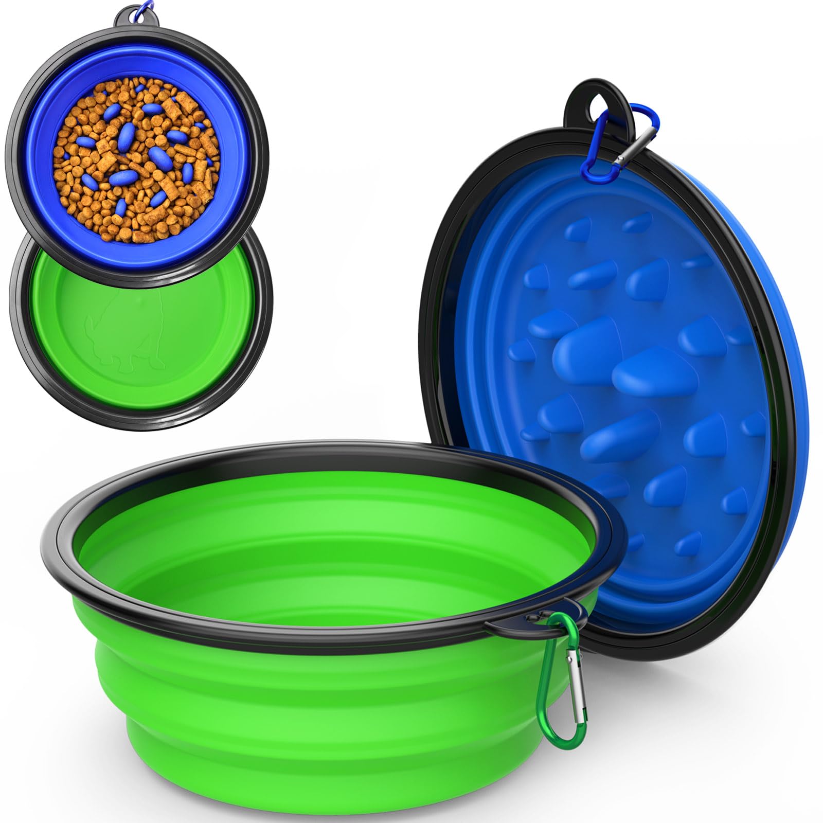 2 Pack [Slow Feeder Design + Regular], Collapsible Dog Bowl Travel Portable Pet Bowls, [34oz,1000ml] Foldable Food Water Feeding Dishes for Traveling Hiking Walking with Carabiners [Blue,Green]
