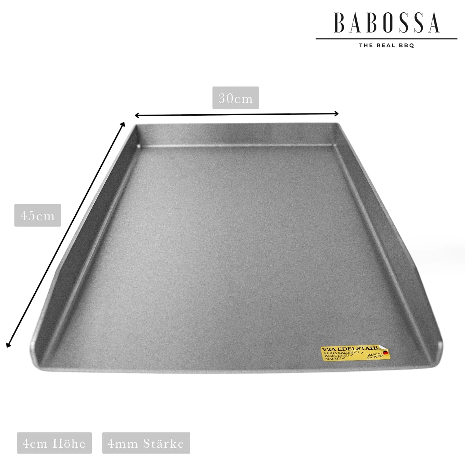 BABOSSA Grill Plancha aus V2A Edelstahl 30 x 45 cm – Erstklassige Verarbeitung & perfekte Hitzeverteilung – kompatibel mit Rösle Vario Edition – Teppanyaki Platte 100% Made in Germany