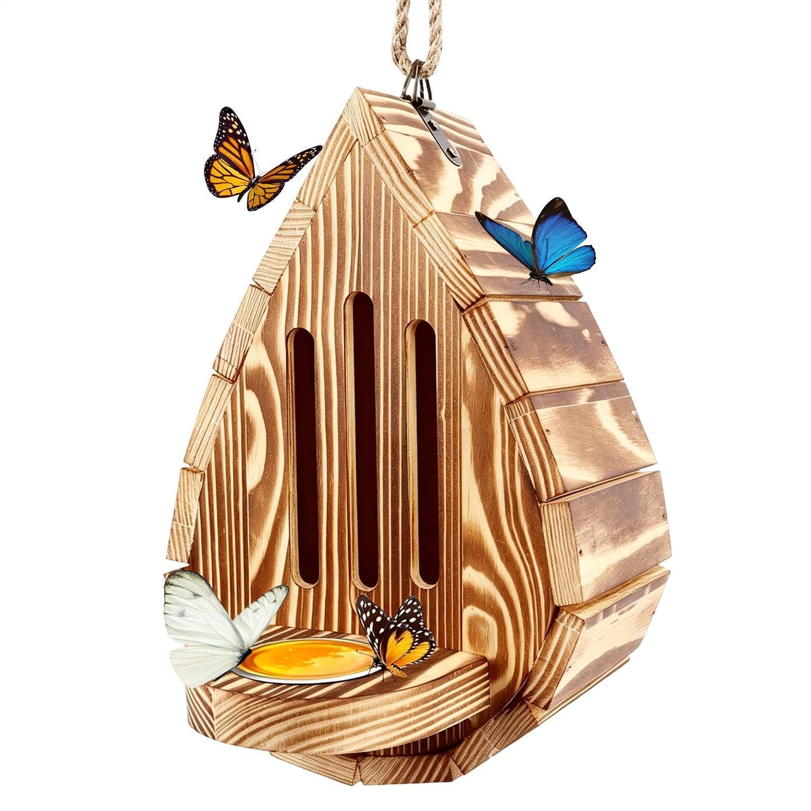 Butterfly House for Garden, Teardrop Shaped Wooden Butterfly Habitat & Feeder, Hanging Outdoor Butterflys Shelters, Weatherproof Garden Yard Decor