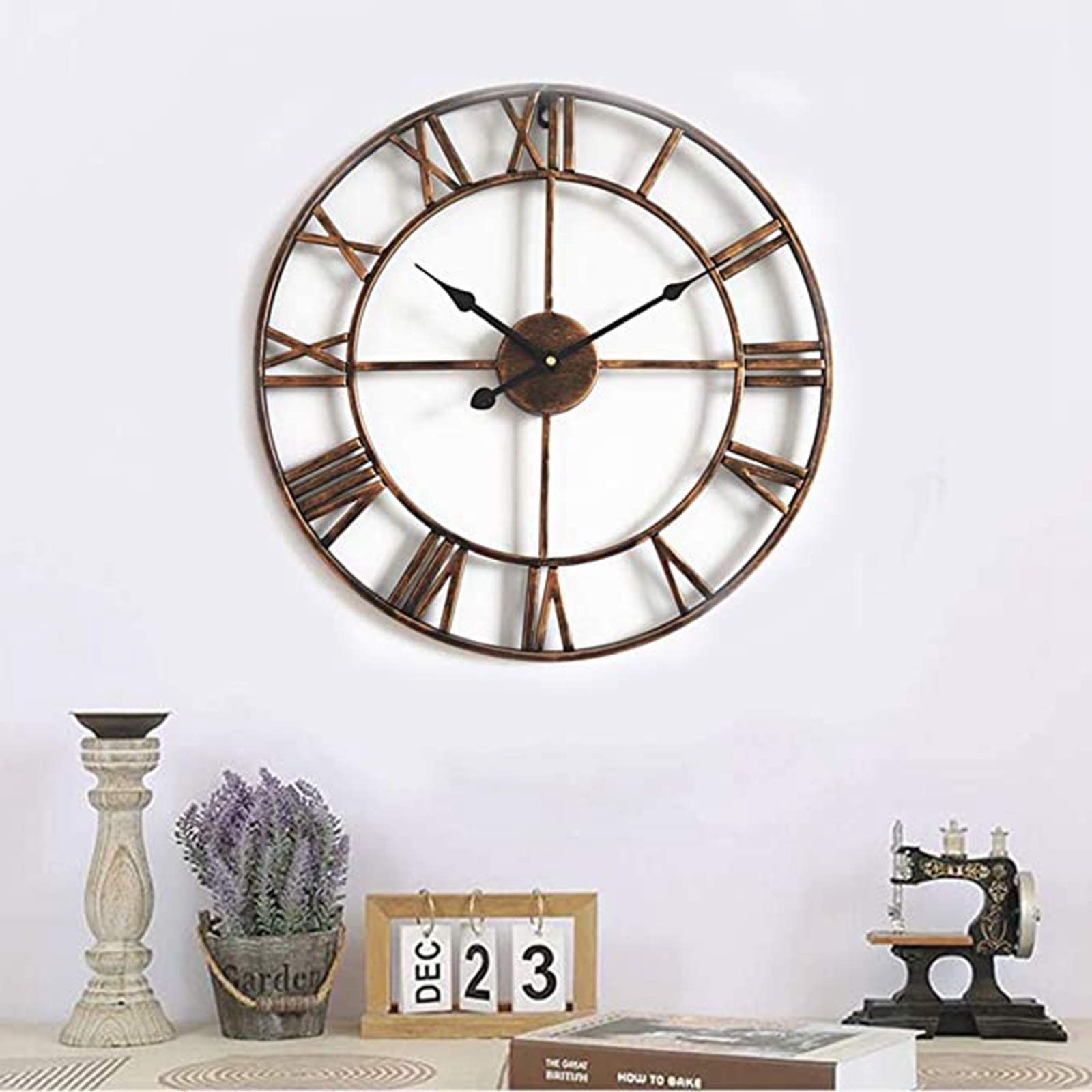 Garten-Wanduhr für den Außenbereich, große Retro-römische Ziffern, Gartenuhr, offenes Zifferblatt, Schmiedeeisen, wasserdichte Outdoor-Uhr, Innen- und Außendekoration, Außenuhr, stumm, Quarz