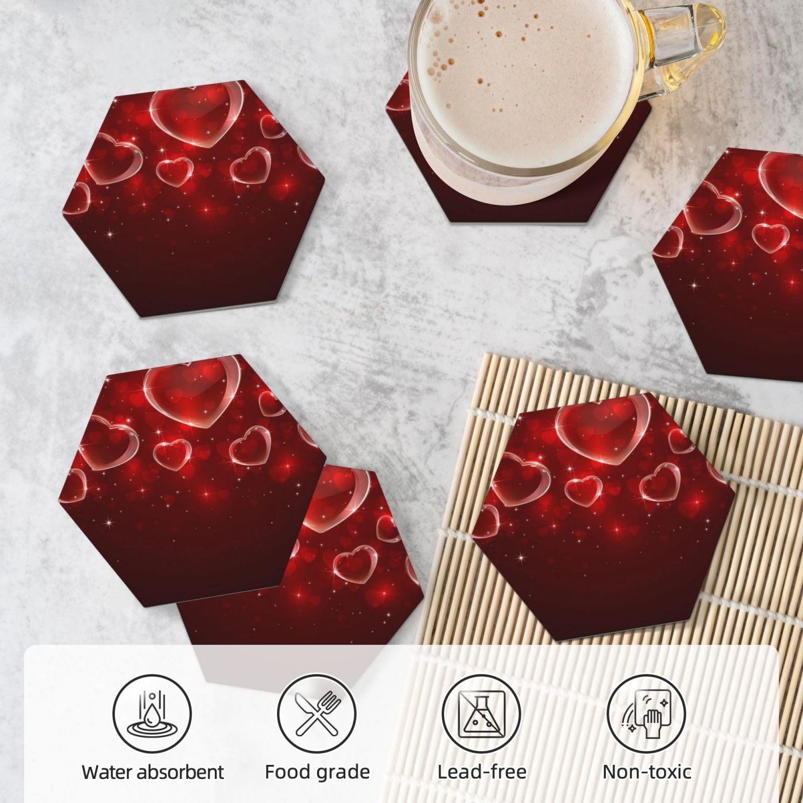 Lot de 6 dessous de verre absorbants en céramique avec base en liège Motif cœur rouge