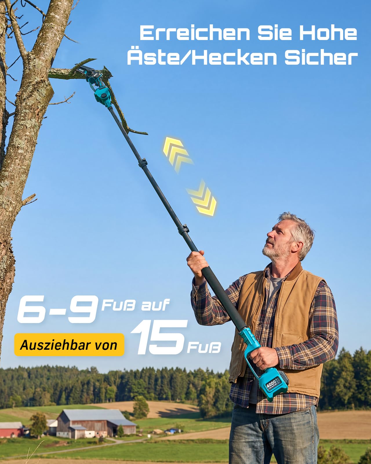 SEESII 6-in-1 Mini Kettensäge & Akku Heckenschere Set, Hochentaster mit 2 * 4000mAh Akkus, Maximale Reichweite bis zu 4,57m, Geeignet für Gartenpflege und zum Holzfällen