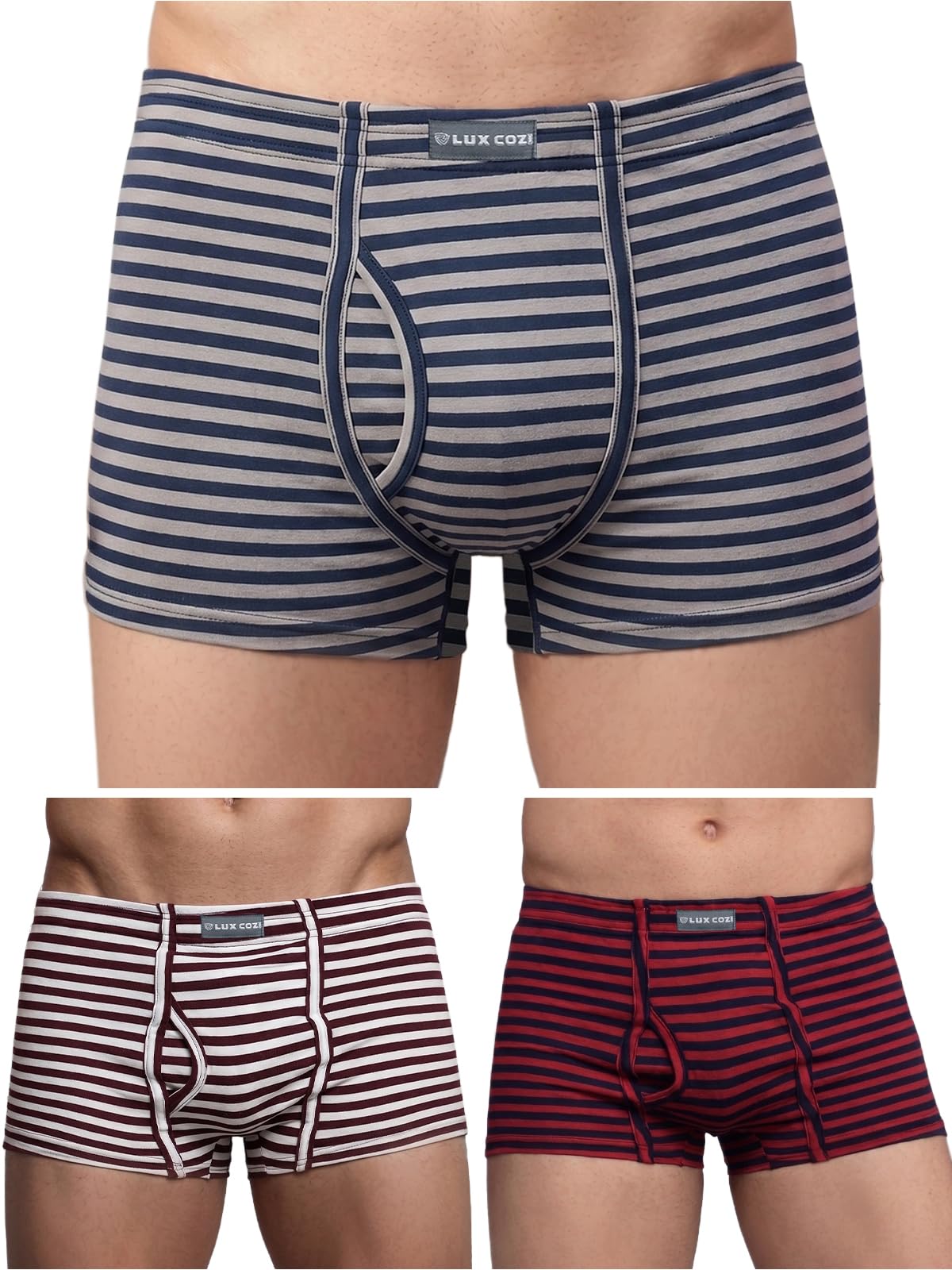 lux cozi Men’s Premium Cotton Inner Elastic Fashion Striped Semi Long Trunk| Striped Trunk for Men |Regular fit Striped Semi Long Trunk for Men | Colors and Stripes May Vary | Pack of 3-picture-23