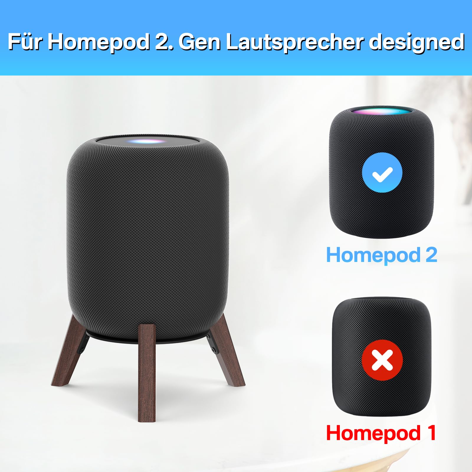 notiela Supporto da tavolo in legno nero per HomePod 1 e 2 - Supporto da scrivania in legno antiscivolo con design a tre zampe, compatibile con HomePod di prima e seconda generazione