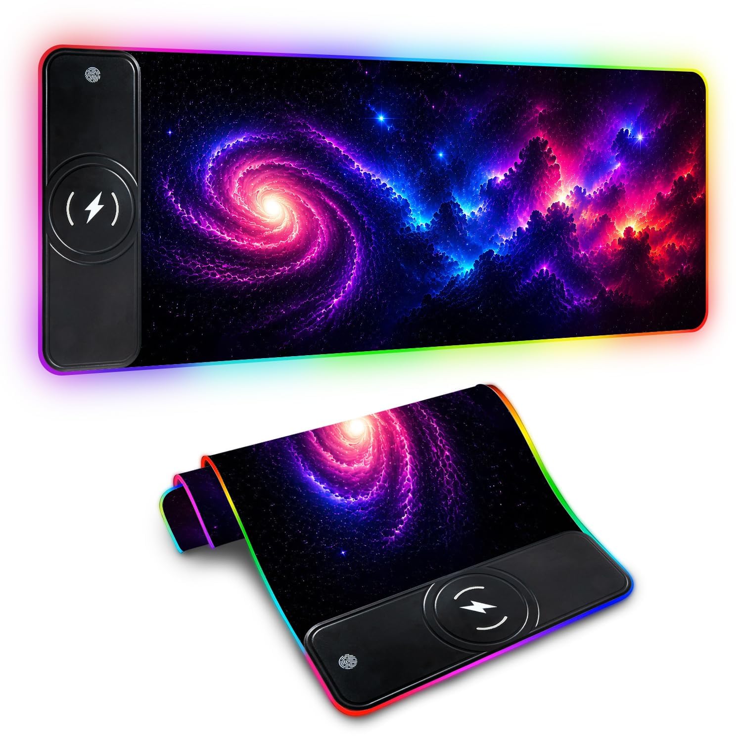 Tappetino per mouse con supporto per telefono, 80 x 30 cm, wireless, Qi a ricarica rapida, tappetino per mouse RGB da gioco per casa e ufficio, grande tappetino da scrivania con superficie ultra