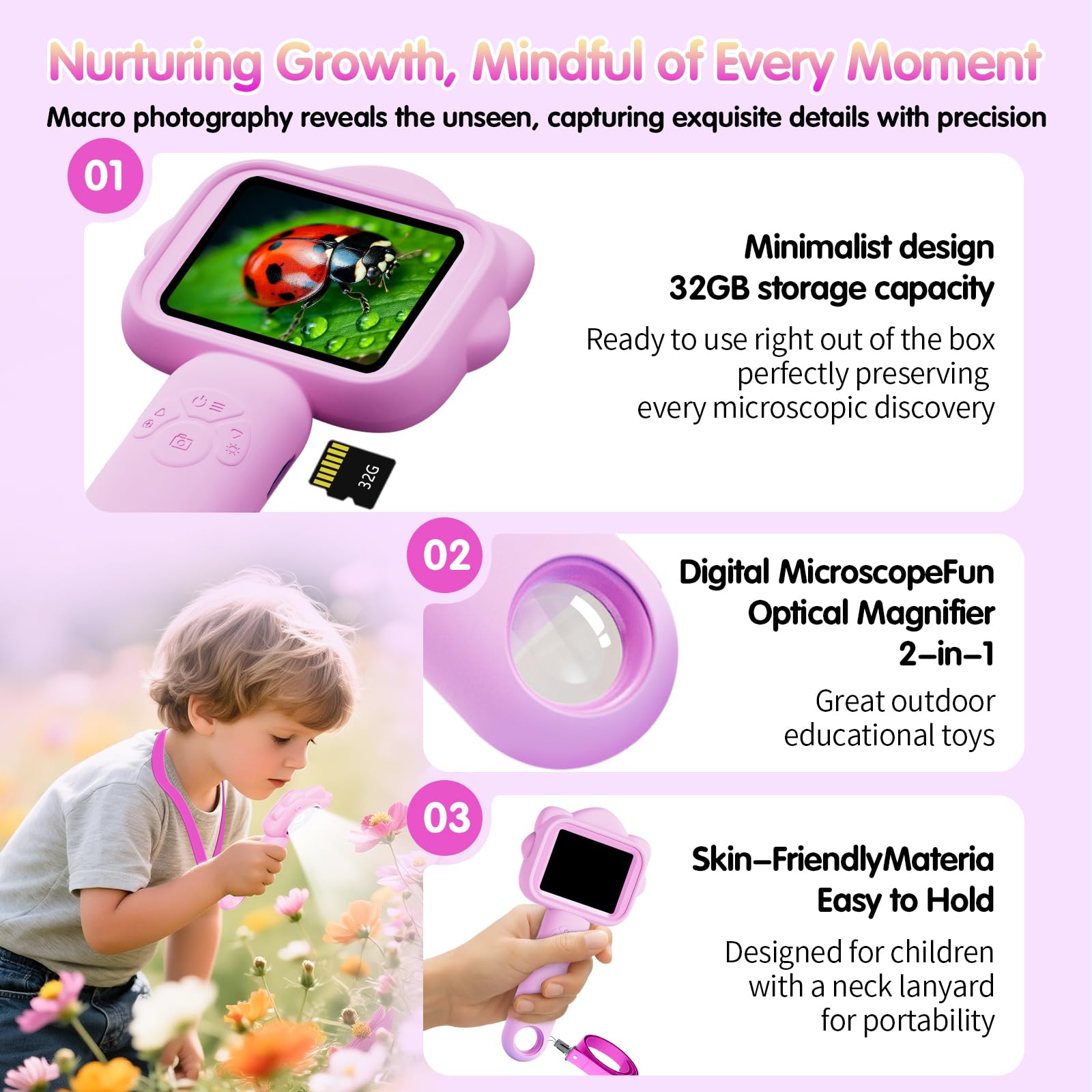 Microscopio para niños, microscopio para niños con diapositiva de muestra, kit de ciencia educativa, microscopios macro de enfoque fijo para niños, aumento de 500x, tarjeta SD de 32 GB incluida 5