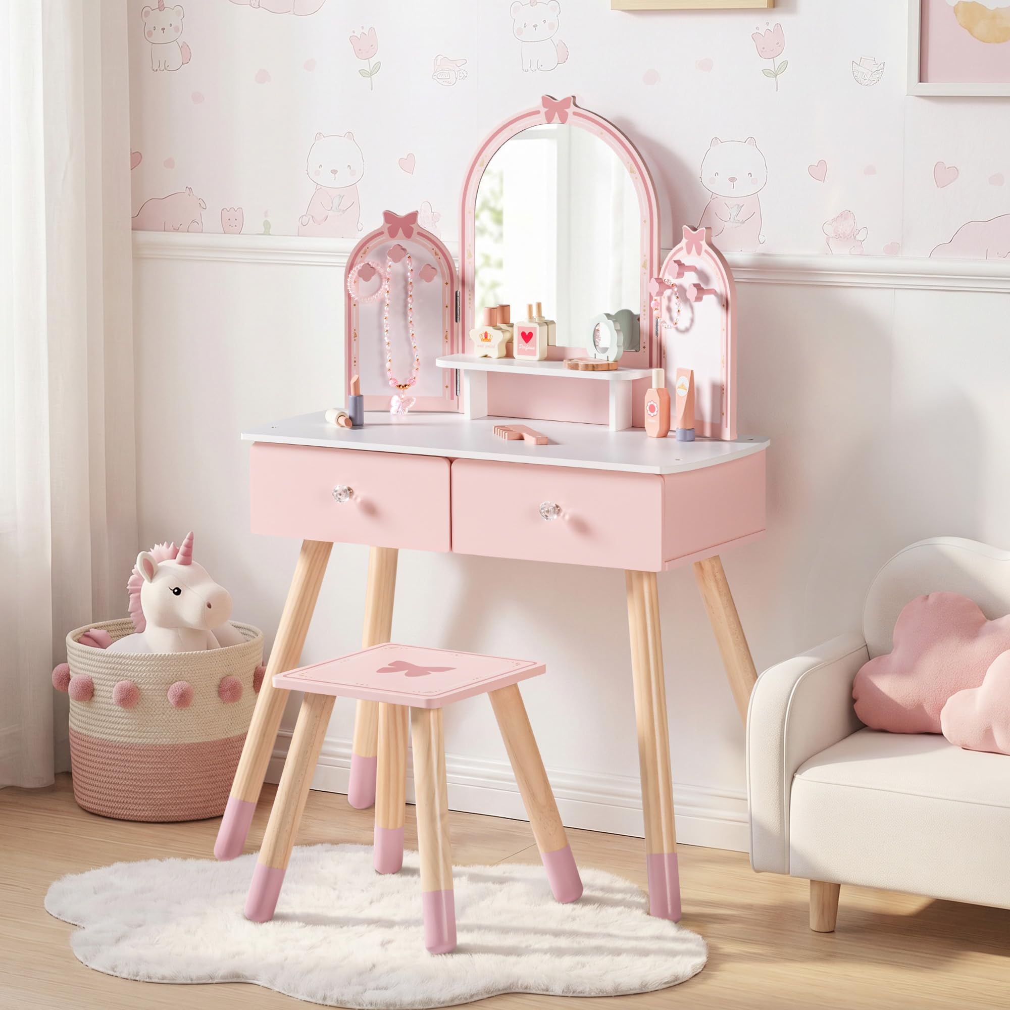 ROBUD Kinder Schminktisch mit Hocker: Mädchen kinderschminktisch mit Spiegel, Rollenspiel Schminktisch für Kinder, Frisiertisch mit Schublade und Zubehör für Kinderschminke, ab 3 Jahren (Rosa)