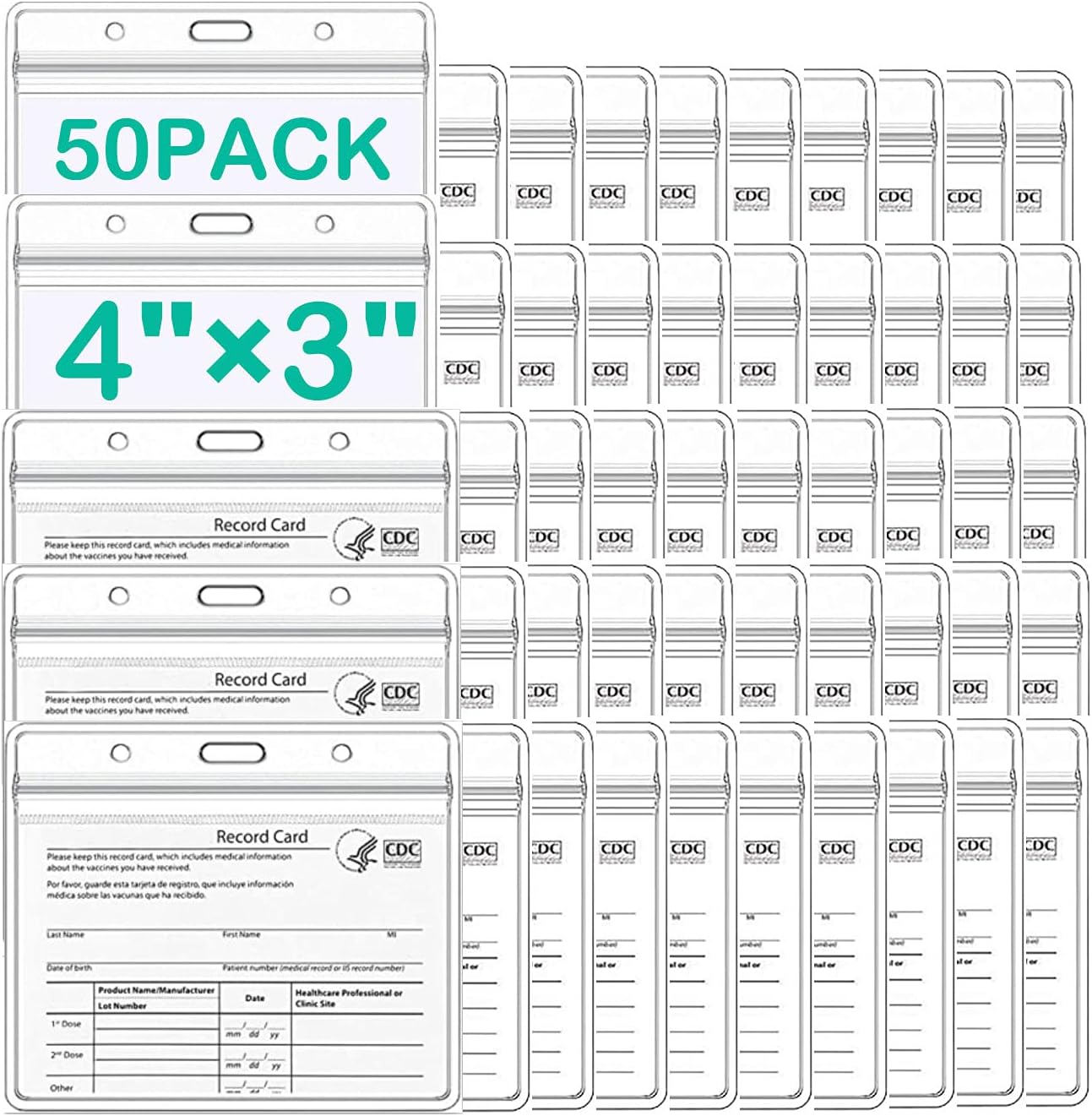 CDC V_accination Card Protector 4 X 3 Inches Immunization Record, FD50676996,V_accine Cards Cover Holder Clear Vinyl Plastic Sleeve with Waterproof Type Resealable Zip (50 Pack)