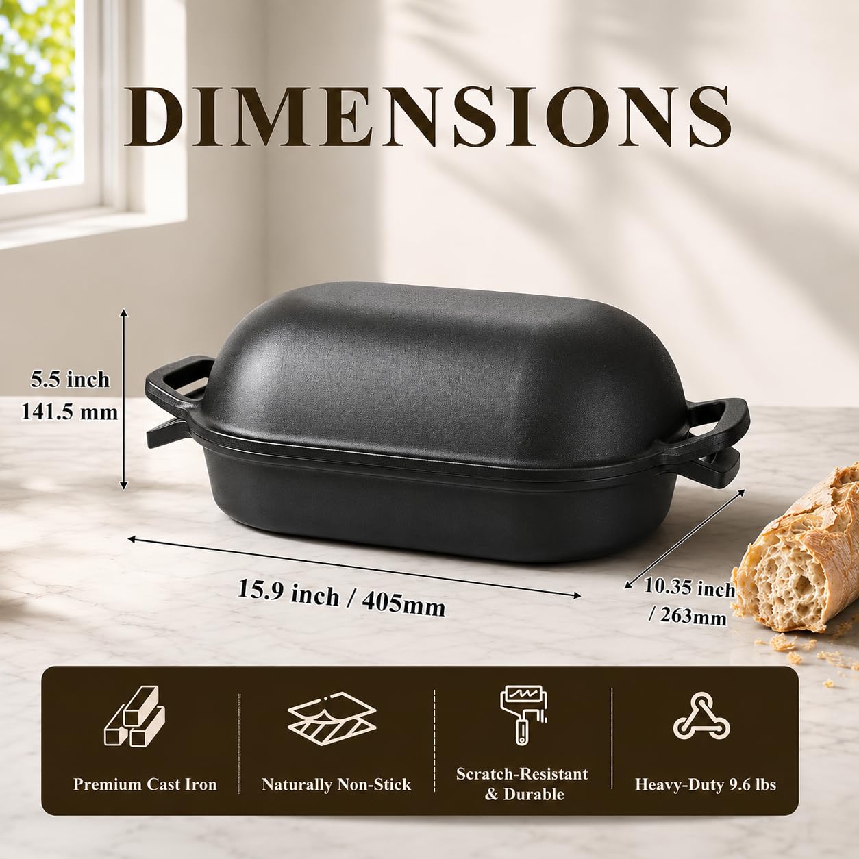 QuliMetal 40,5 × 25,4 cm Brotbackform mit Sauerteig-Brotback-Set, ovaler Sauerteig-Brottopf mit Deckel, vorgebrannt, 9,0L, Strapazierfähig, Hausgemachte Brotherstellung, Antihaftbeschichtet