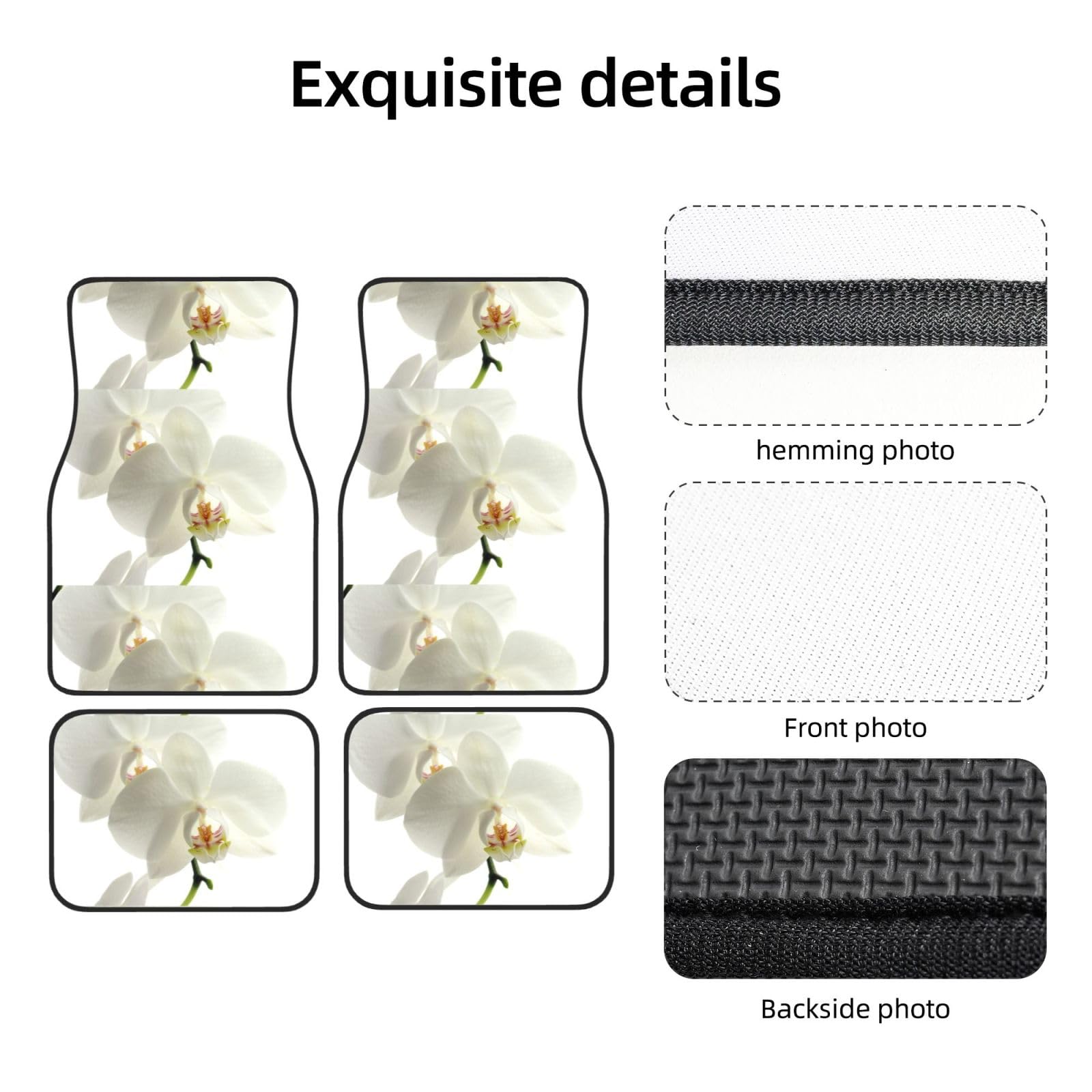 Florale weiße Orchideenblüten, trendig, 4er-Set Auto-Fußmatten, Neopren-Fußmatten für Fahrzeuge, rutschfeste Auto-Fußmatten, Autozubehör