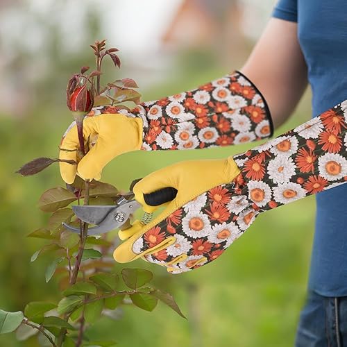 Miniatura 7 de Guantes largos de jardinería para mujer, a prueba de espinas, cuero de vaca para poda, rosa, para jardín, cactus, rosa y mora