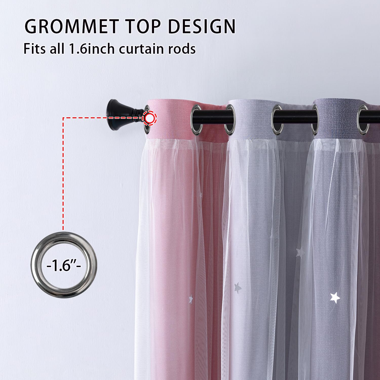XiDi Grey Blackout Curtains 52x54 Inch for Kids Bedroom, Voile Window Decor Thermal 2 Panels, Pink Lightgrey Grey - Image 2