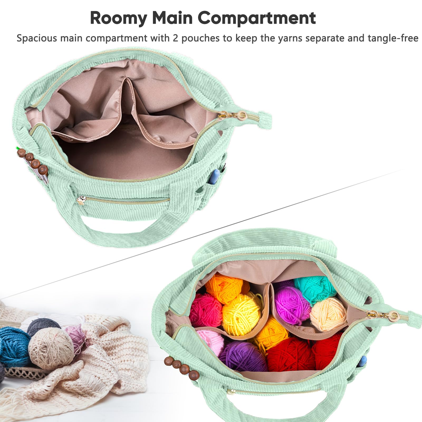 MYABGZING Häkeltasche aus Cord – Große Garn-Aufbewahrungstasche mit Ösen, Taschen und Nadelhaltern – Stricktasche Organizer für Häkelnadeln, Zubehör, Werkzeuge und Projekte – Geschenk für Stricker und