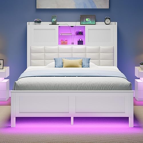 Rolanstar Marco de cama tamaño individual con estación de carga, cabecera con estantería con luz LED y puertas correderas, cama de plataforma con