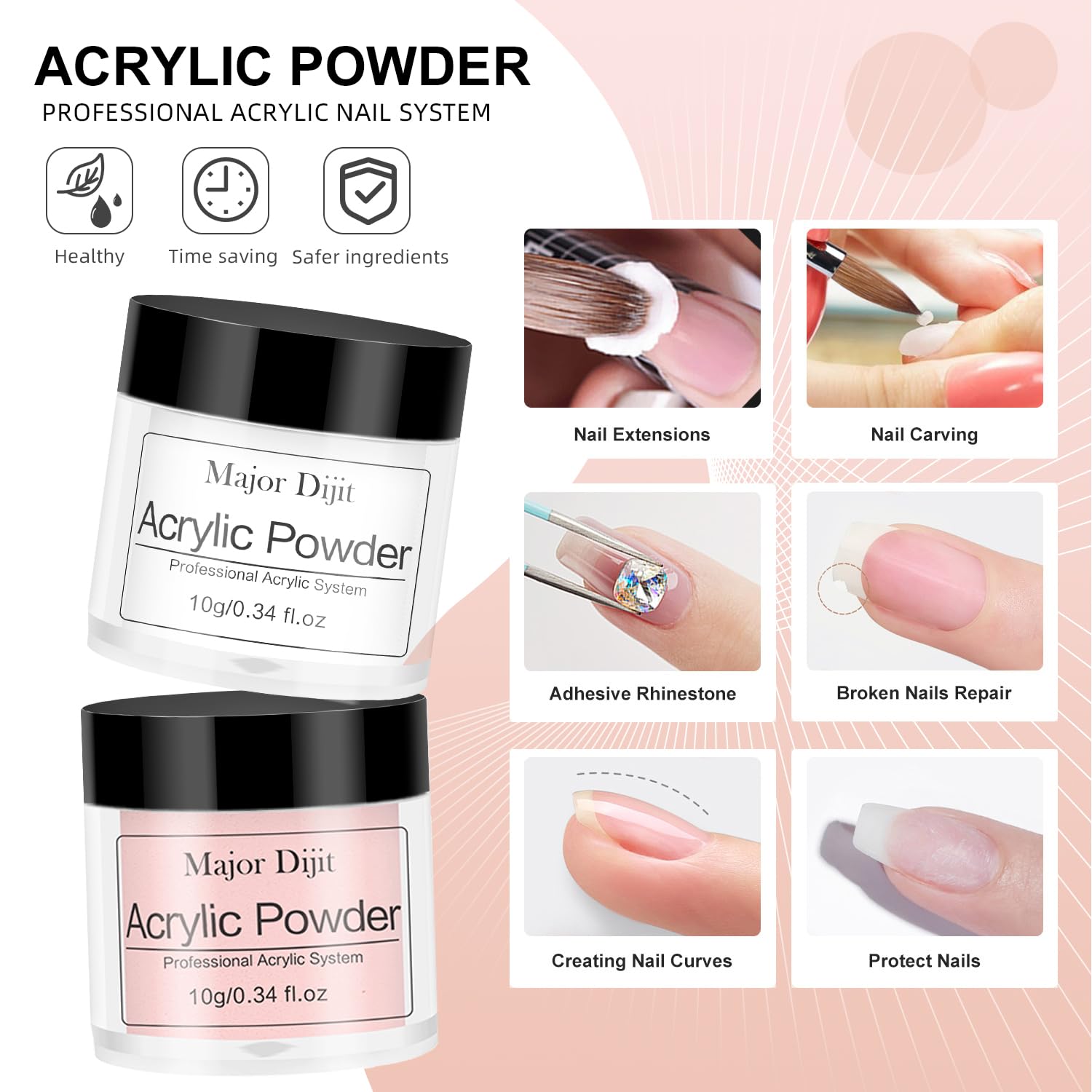 Major Dijit Nagel Set für Acrylnägel mit UV-Licht | Starter-Kit mit Acrylpulver, elektrischem Nagelfräser, Zubehör & Deko | Komplettset für Anfänger & Home-Salon (Transparent/Weiß/Nude)