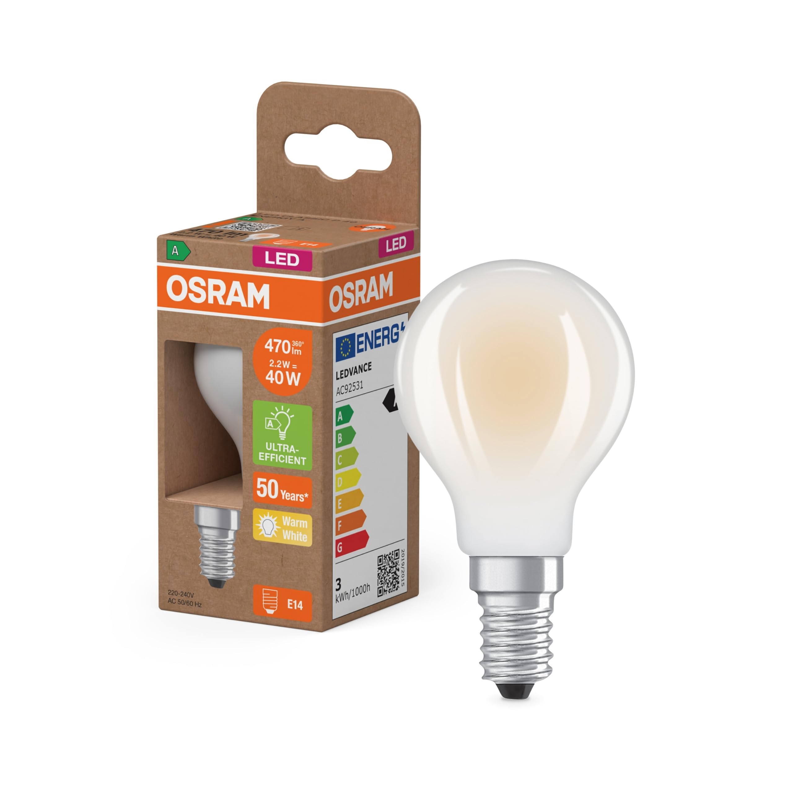 OSRAM Energy Class in Classic mini Ball Shape, 2.2 W / 470 lm, EEK A, Warm White (2700 K), CRI 80, Made of Lead-Free Frosted Glass, E14 Socket, IP20, Diameter 45 mm.