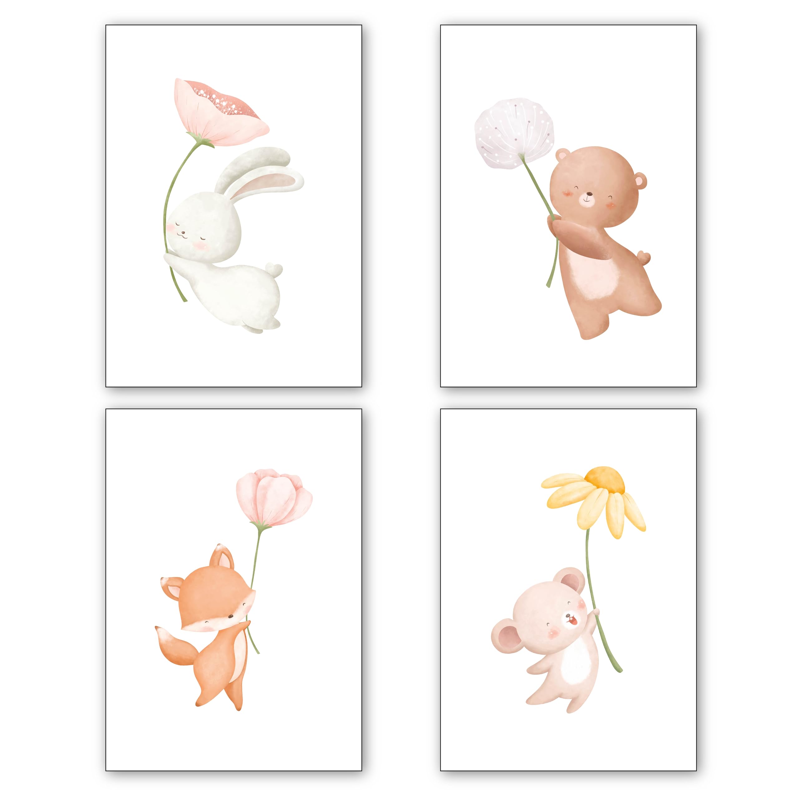 Generisch Damalia | 4 imágenes para habitación infantil | animales felices con flor | póster A4 sin marco de fotos | póster para habitación infantil | niña y niño | aprox. 21 x 30 cm | animales