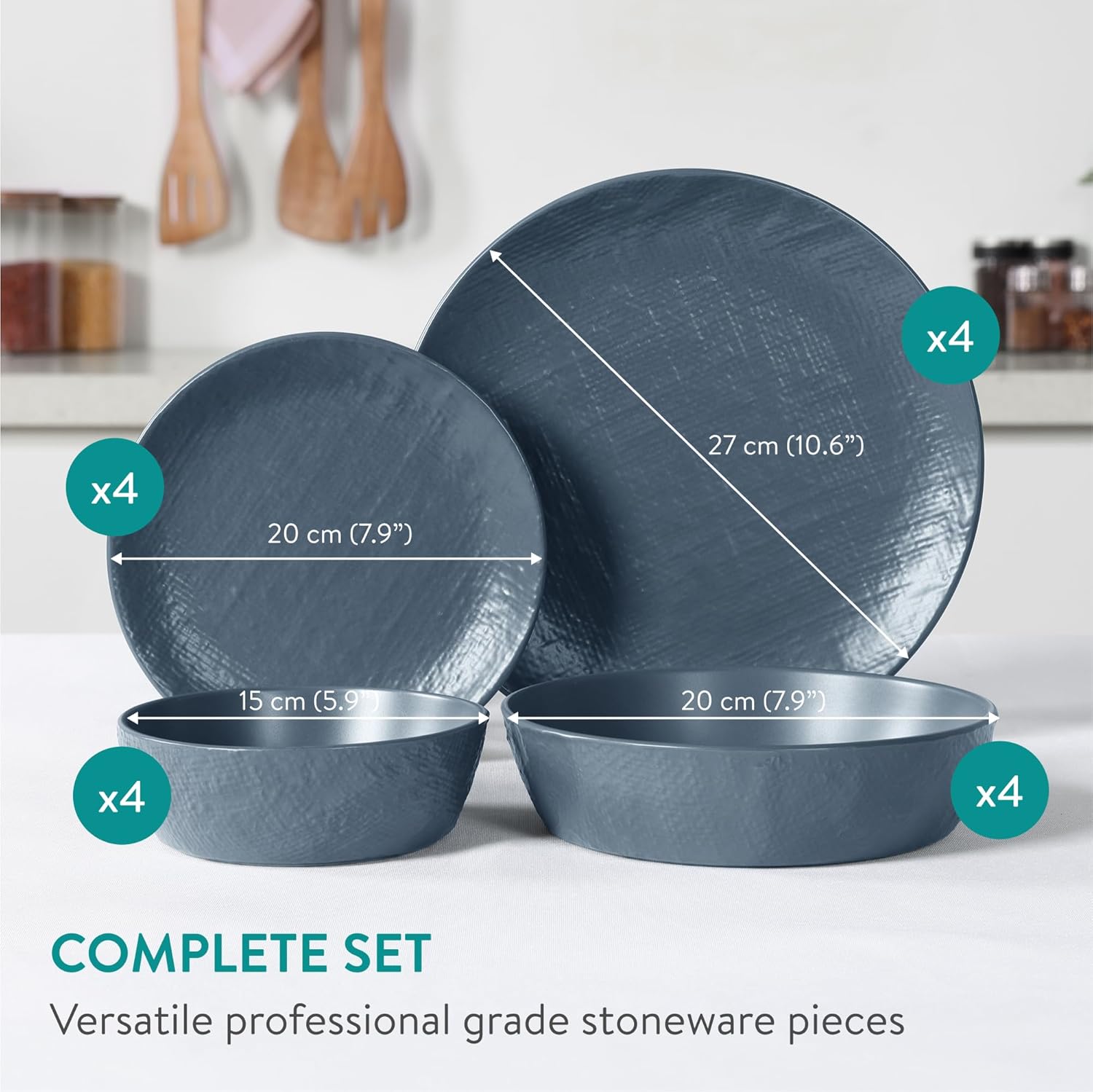 Navaris Linen Artisan Stoneware Dinnerware Set (16 Pieces) - Dishwasher and Microwave Safe for 4 With Dinner and Side Plates, Pasta and Soup Bowls - Smokey Blue