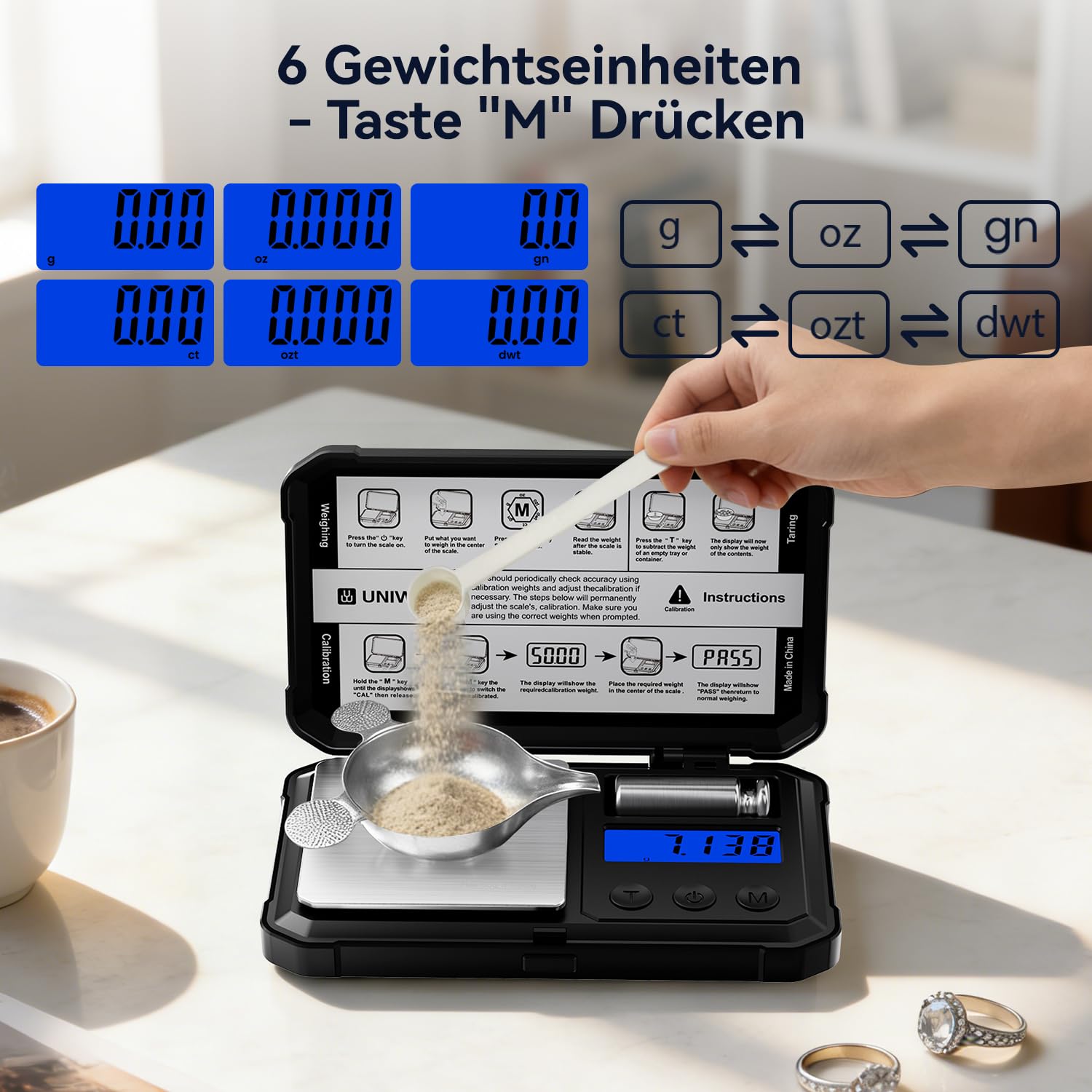 UNIWEIGH Milligramm-Waage 50g/0.001g Hochpräzise, Digitale Schmuckwaage Mit LCD/Tara, 6 Einheiten, Mikro-Gramm für Pulver, Medizin, Münze, Gold, Reloading - Inkl. Cal Weight, Batterien